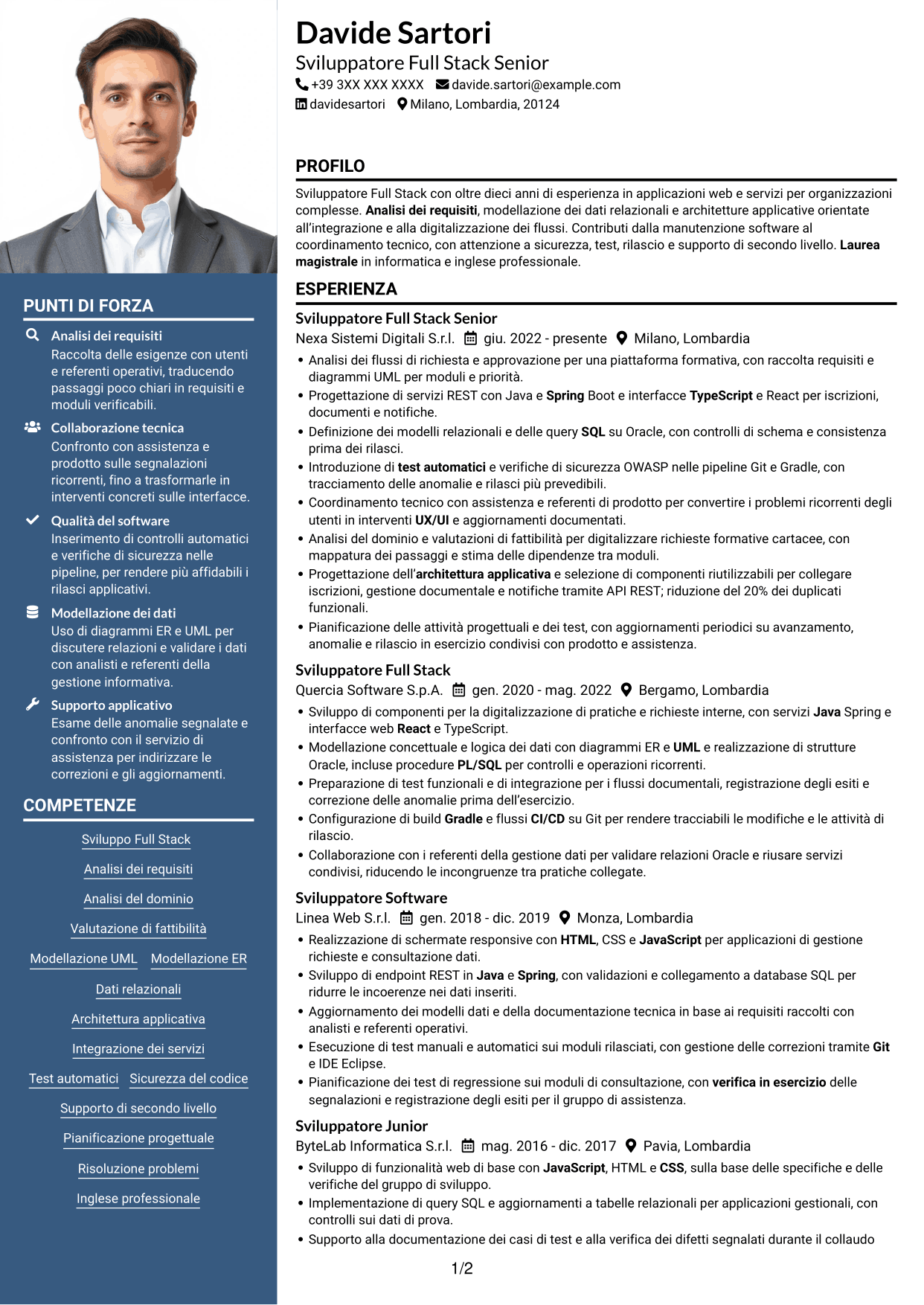 CV Signature (formato con colonna laterale colorata e foto grande): Sviluppatore Full Stack - Integrazione dei servizi e digitalizzazione dei processi, pagina 1