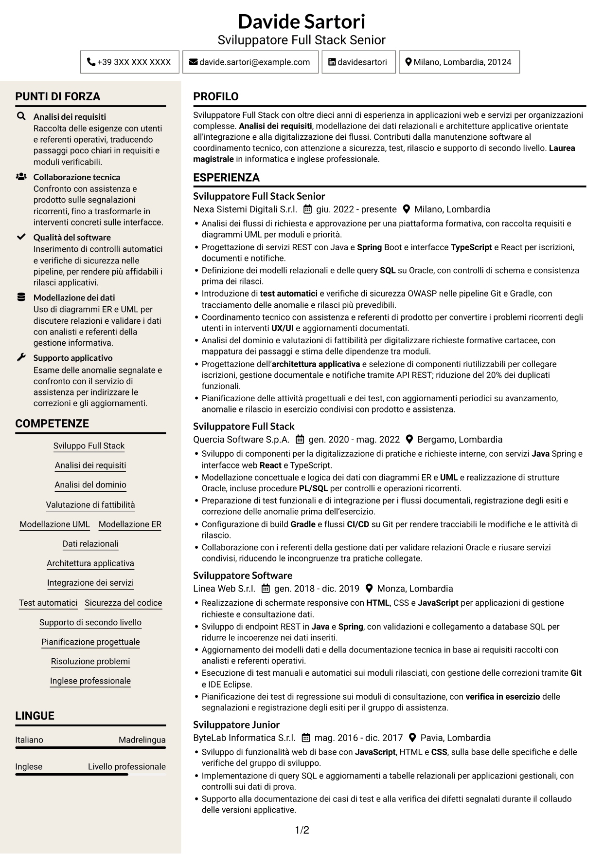 CV Intraprendente (formato a due colonne con intestazione centrata senza foto): Sviluppatore Full Stack - Integrazione dei servizi e digitalizzazione dei processi, pagina 1