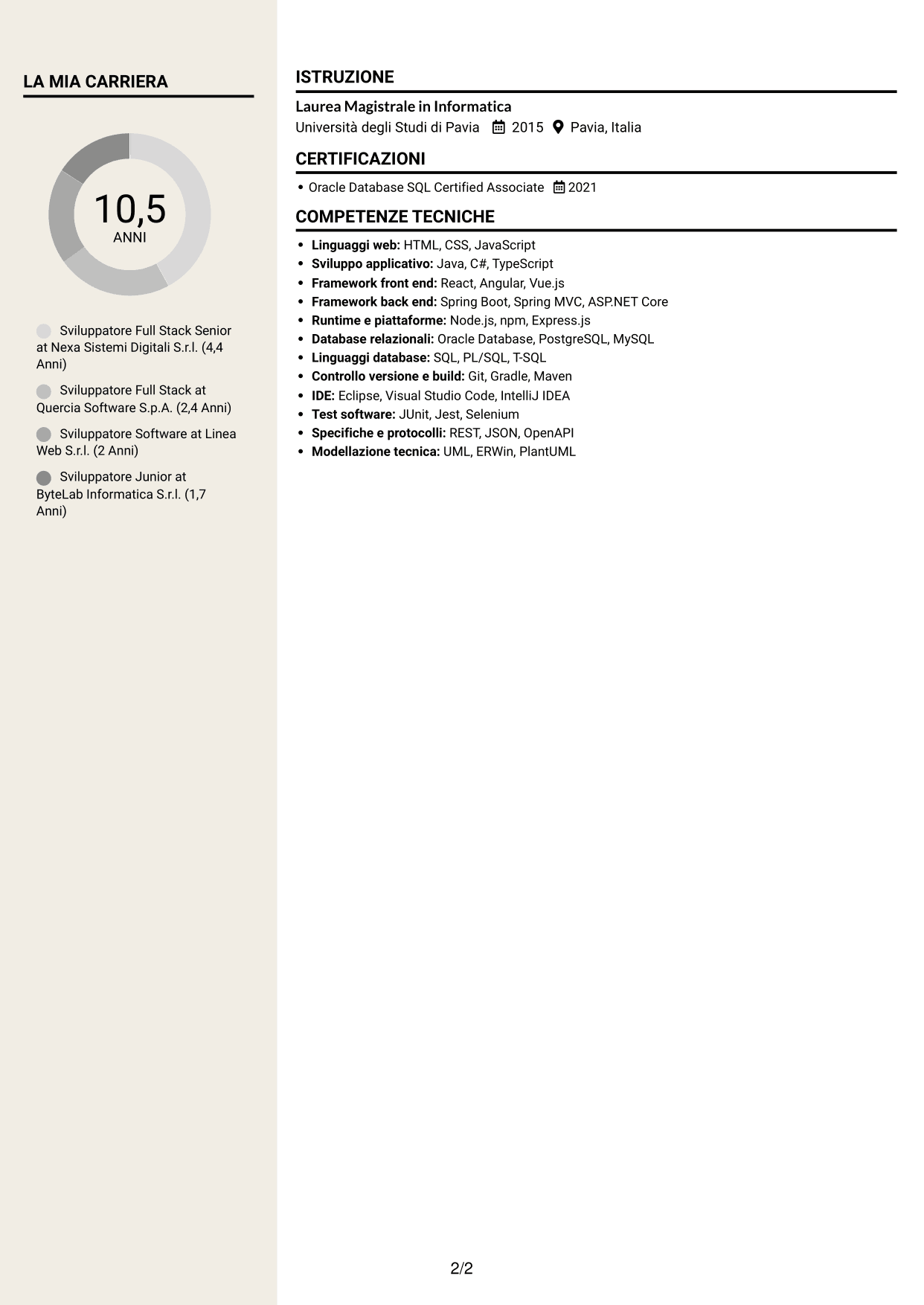 CV Intraprendente (formato a due colonne con intestazione centrata senza foto): Sviluppatore Full Stack - Integrazione dei servizi e digitalizzazione dei processi, pagina 2