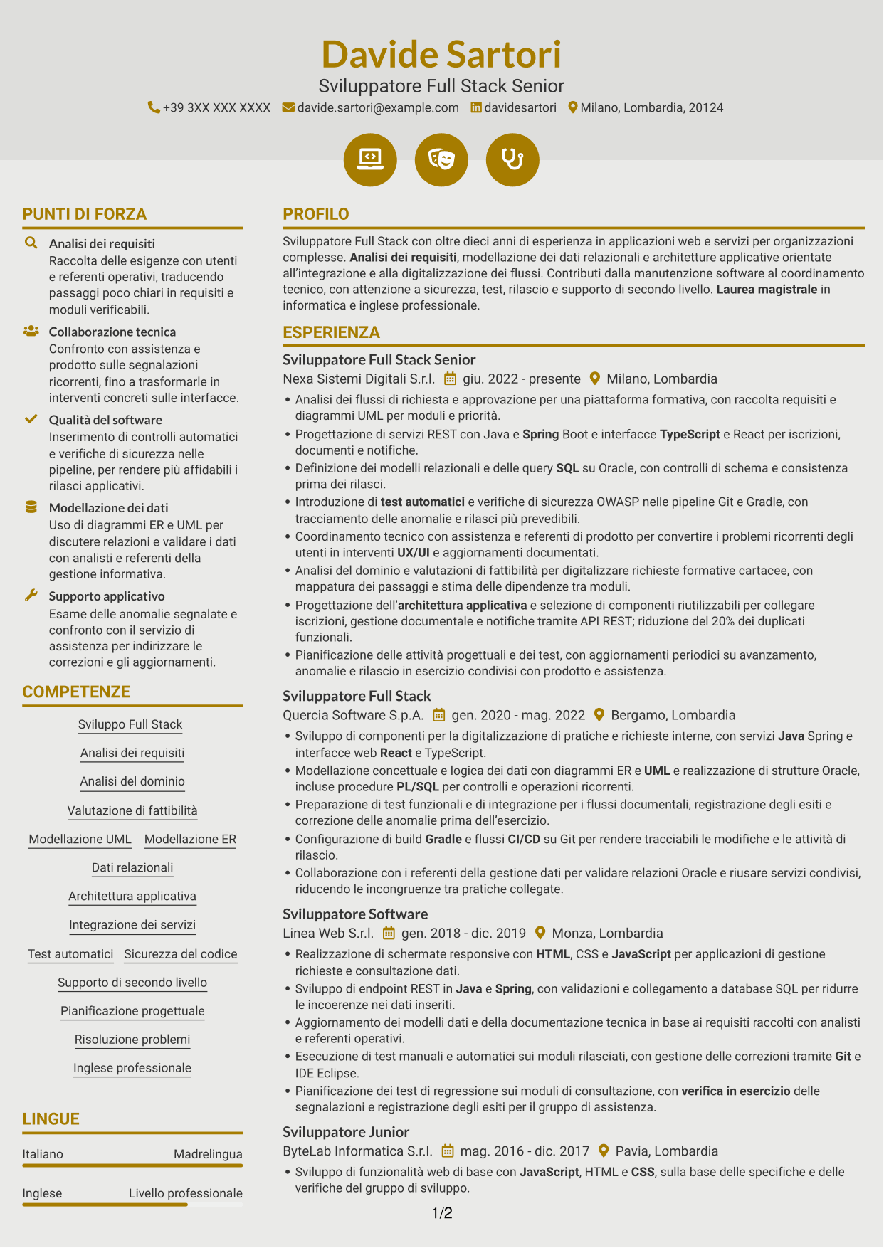 CV Dinamico (formato a due colonne con icone): Sviluppatore Full Stack - Integrazione dei servizi e digitalizzazione dei processi, pagina 1