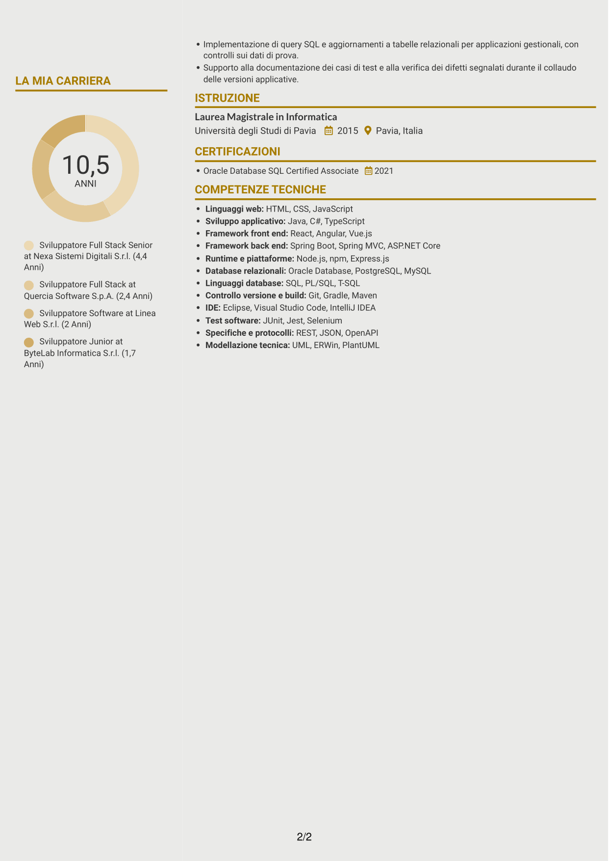 CV Dinamico (formato a due colonne con icone): Sviluppatore Full Stack - Integrazione dei servizi e digitalizzazione dei processi, pagina 2