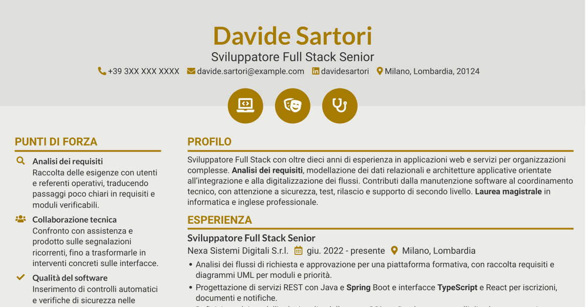 7 modelli di CV per Sviluppatore Full Stack - Integrazione dei servizi e digitalizzazione dei processi, con esempi