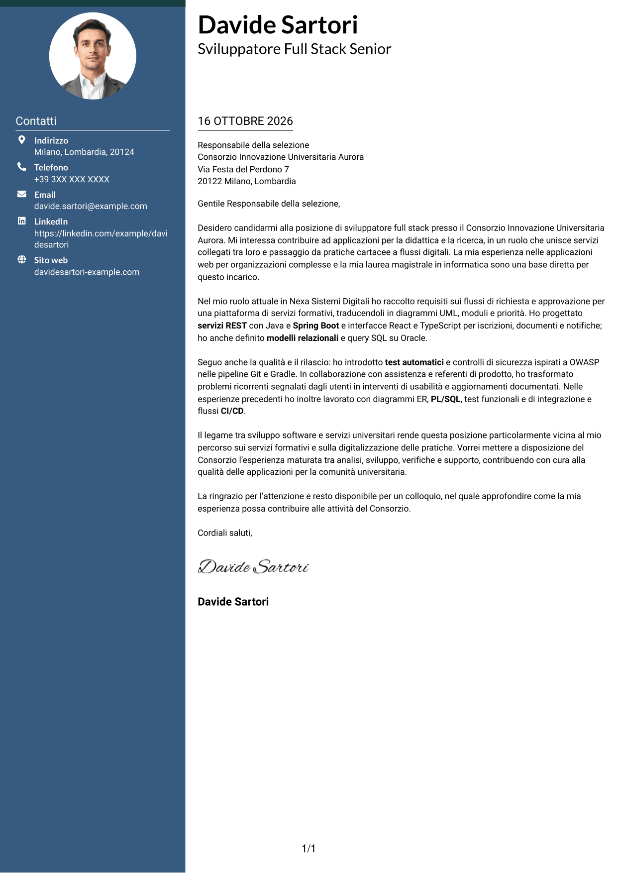Lettera di presentazione Elegante (formato con colonna laterale colorata e foto): Sviluppatore Full Stack - Integrazione dei servizi e digitalizzazione dei processi, pagina 1