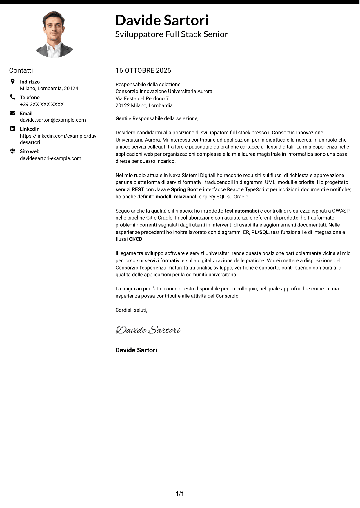 Lettera di presentazione Moderno (formato a due colonne con foto a sinistra e separatore): Sviluppatore Full Stack - Integrazione dei servizi e digitalizzazione dei processi, pagina 1