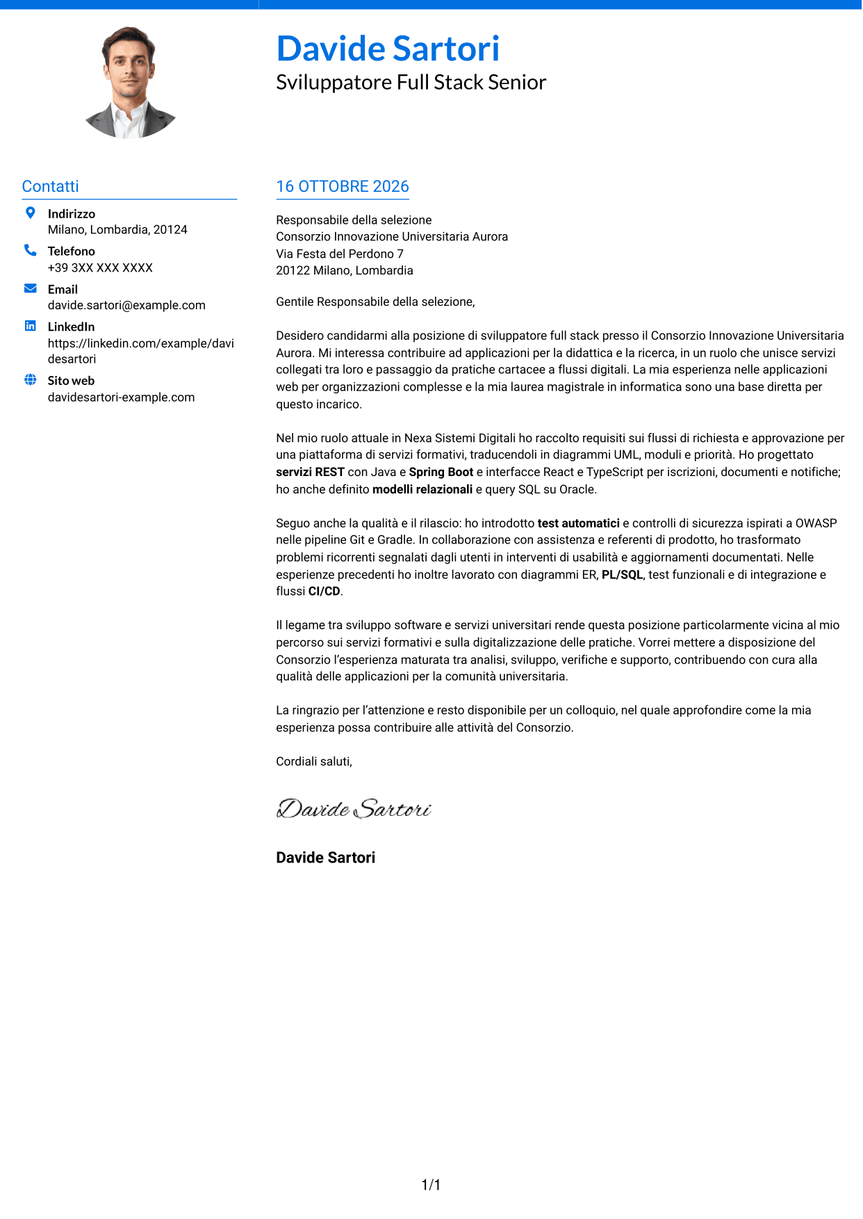 Lettera di presentazione Audace (formato a due colonne con accenti colorati e foto): Sviluppatore Full Stack - Integrazione dei servizi e digitalizzazione dei processi, pagina 1
