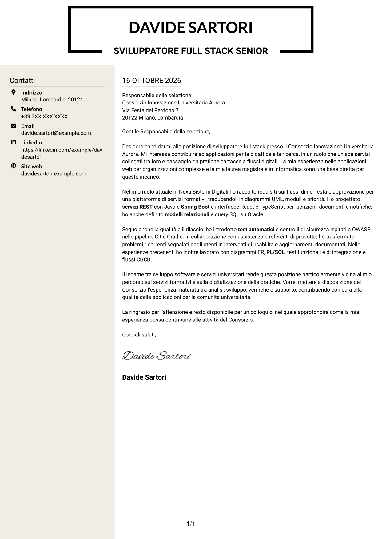 Lettera di presentazione Intraprendente (formato a due colonne con intestazione centrata senza foto): Sviluppatore Full Stack - Integrazione dei servizi e digitalizzazione dei processi, pagina 1