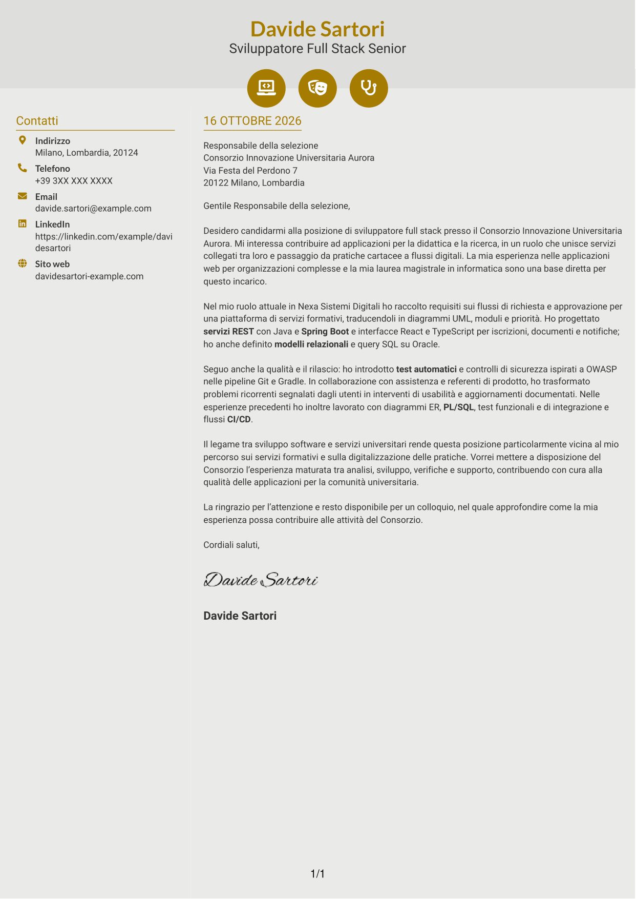 Lettera di presentazione Dinamico (formato a due colonne con icone): Sviluppatore Full Stack - Integrazione dei servizi e digitalizzazione dei processi, pagina 1