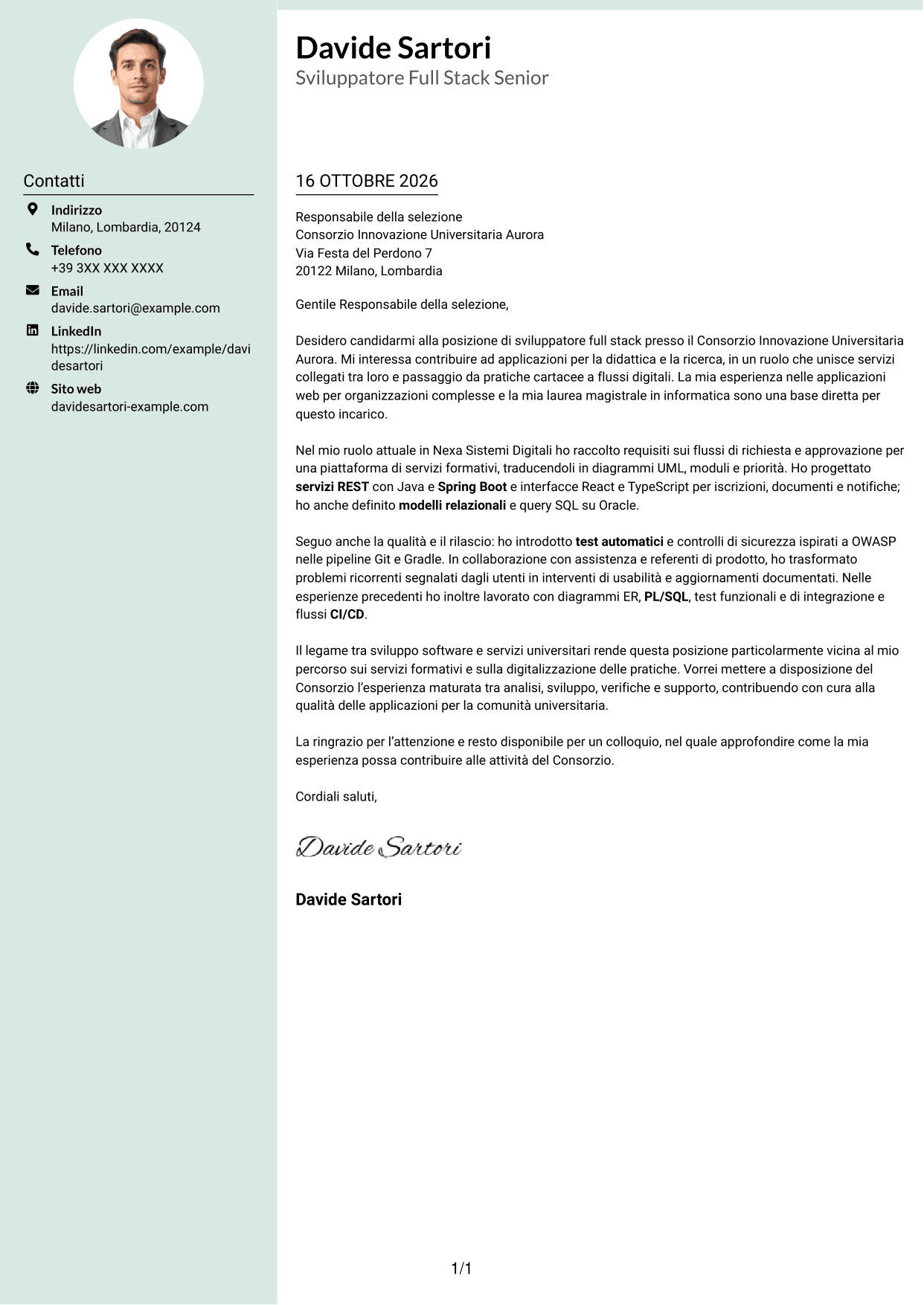 Lettera di presentazione Dirigente (formato con colonna laterale tenue e foto arrotondata): Sviluppatore Full Stack - Integrazione dei servizi e digitalizzazione dei processi, pagina 1