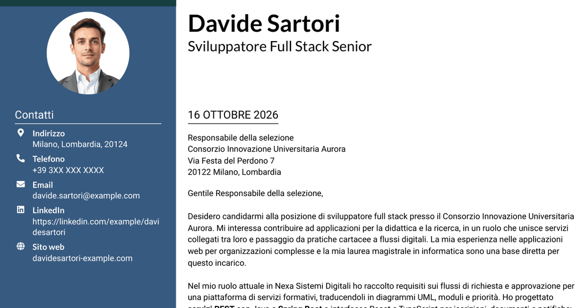 7 modelli di lettera di presentazione per Sviluppatore Full Stack - Integrazione dei servizi e digitalizzazione dei processi, con esempi