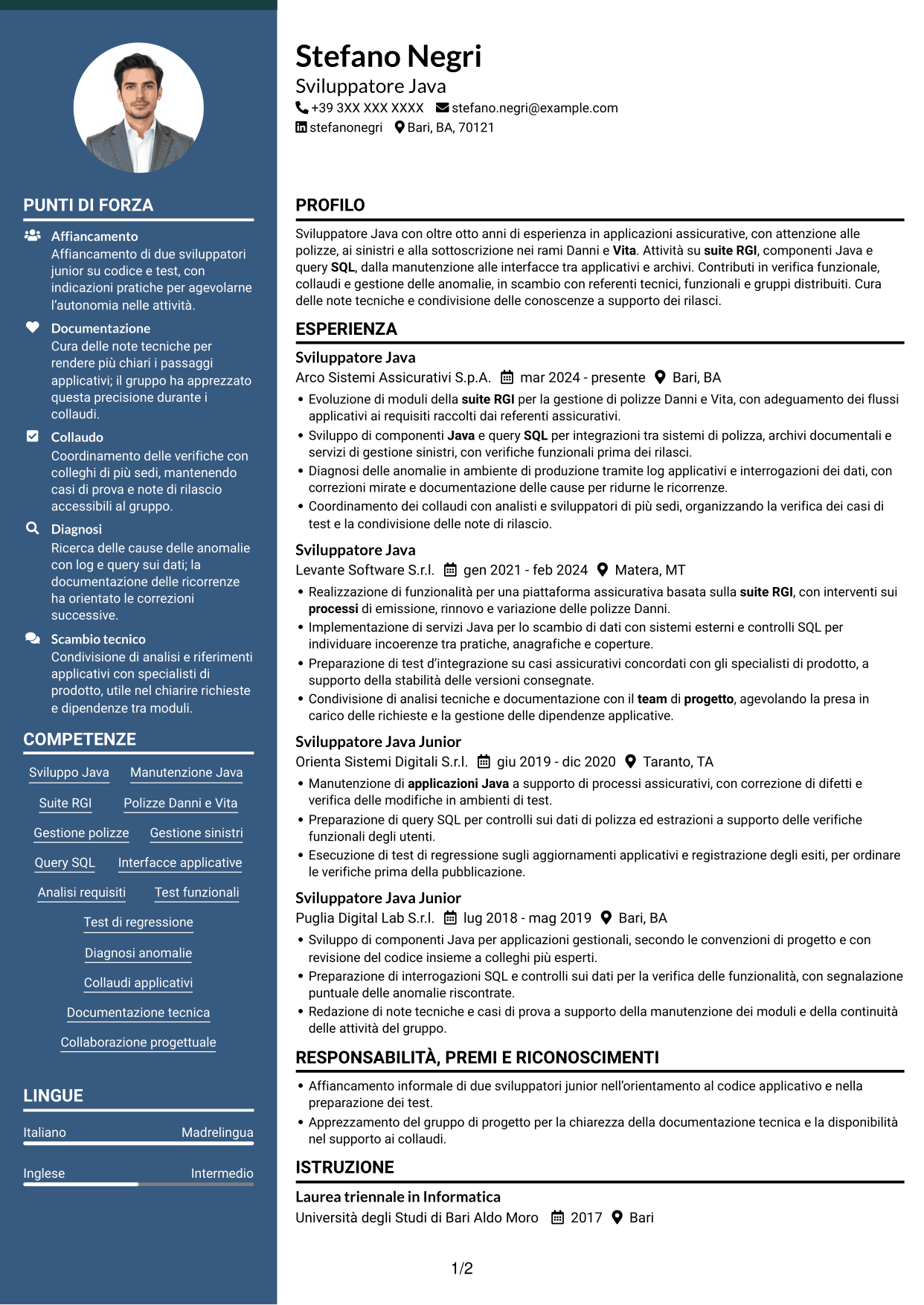 CV Elegante (formato con colonna laterale colorata e foto): Sviluppatore Java - Applicazioni assicurative, pagina 1