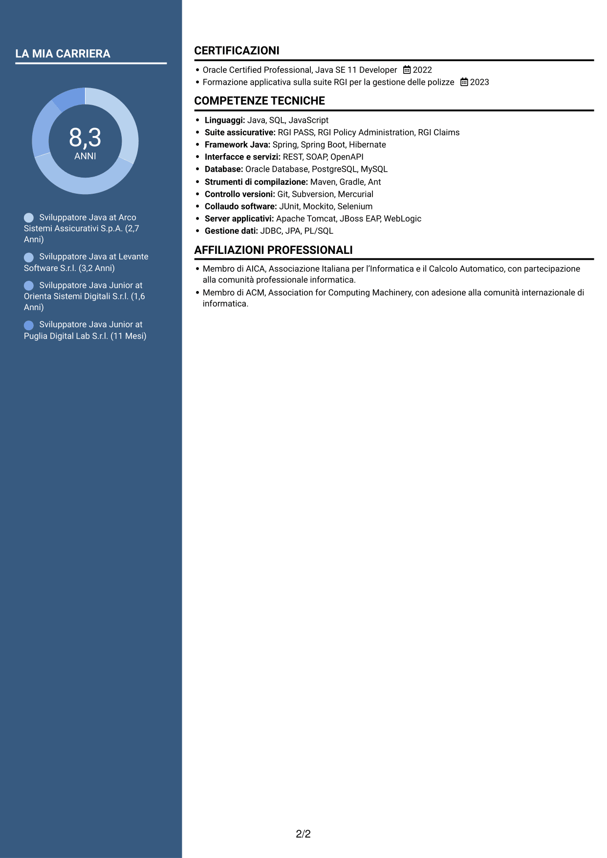CV Elegante (formato con colonna laterale colorata e foto): Sviluppatore Java - Applicazioni assicurative, pagina 2