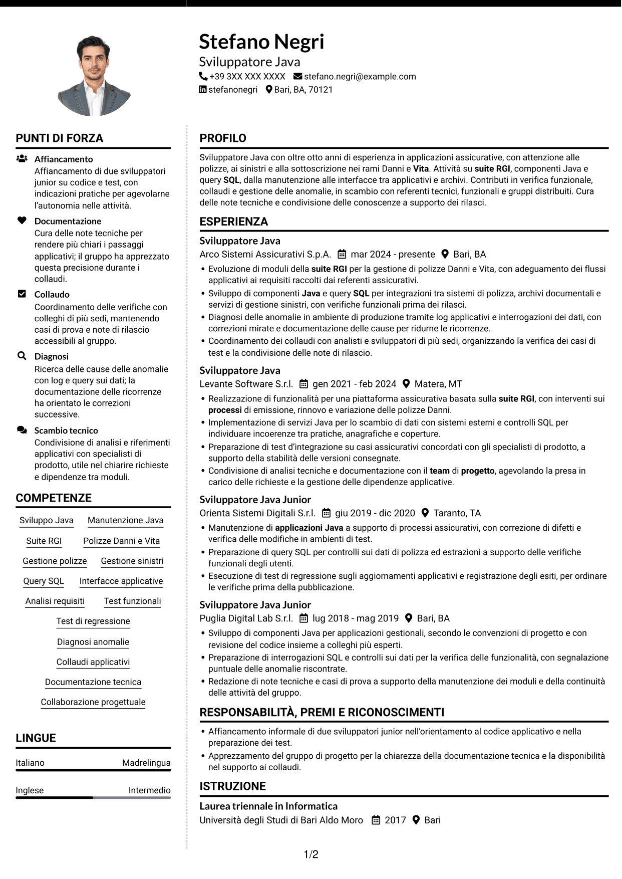 CV Moderno (formato a due colonne con foto a sinistra e separatore): Sviluppatore Java - Applicazioni assicurative, pagina 1