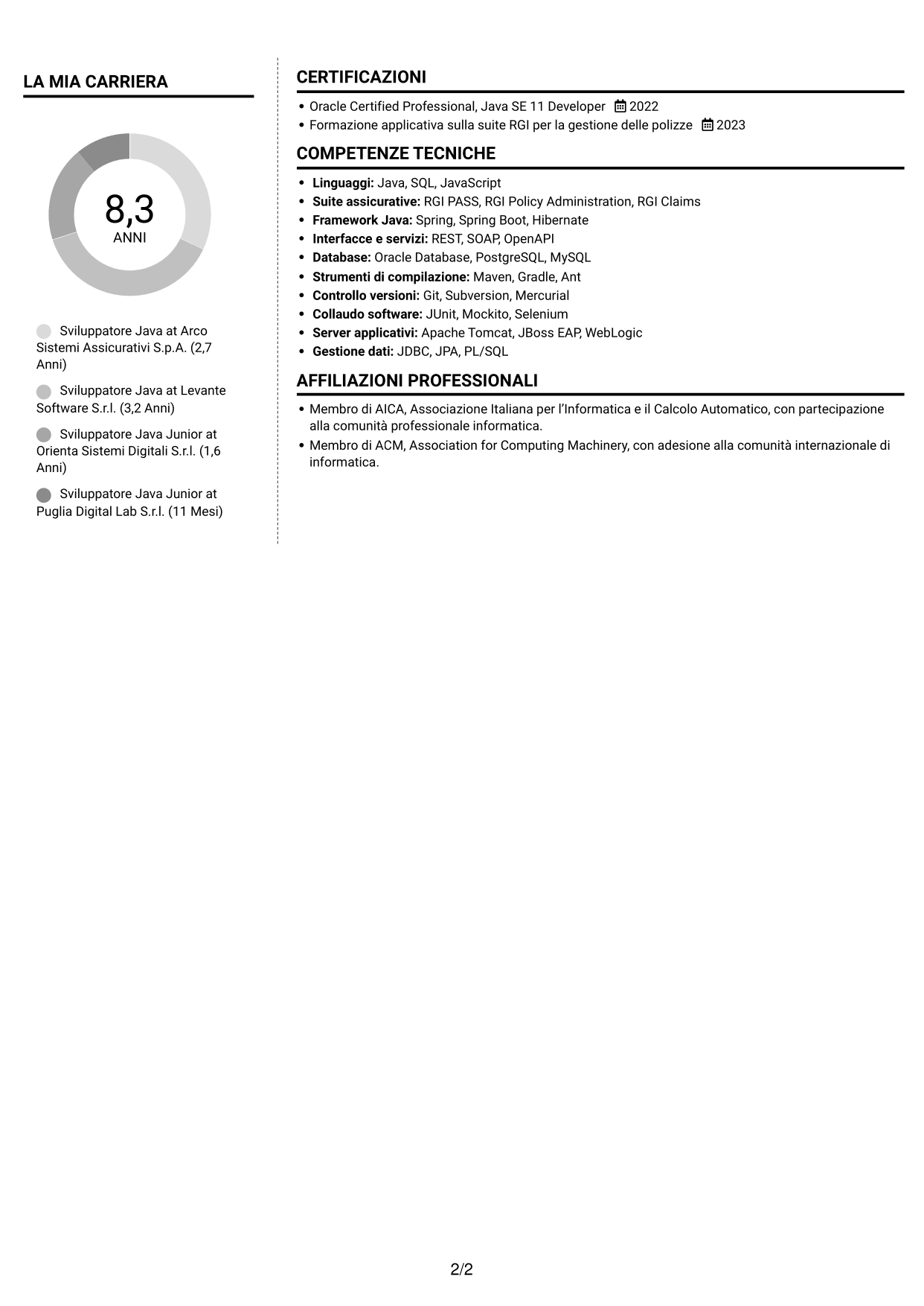 CV Moderno (formato a due colonne con foto a sinistra e separatore): Sviluppatore Java - Applicazioni assicurative, pagina 2