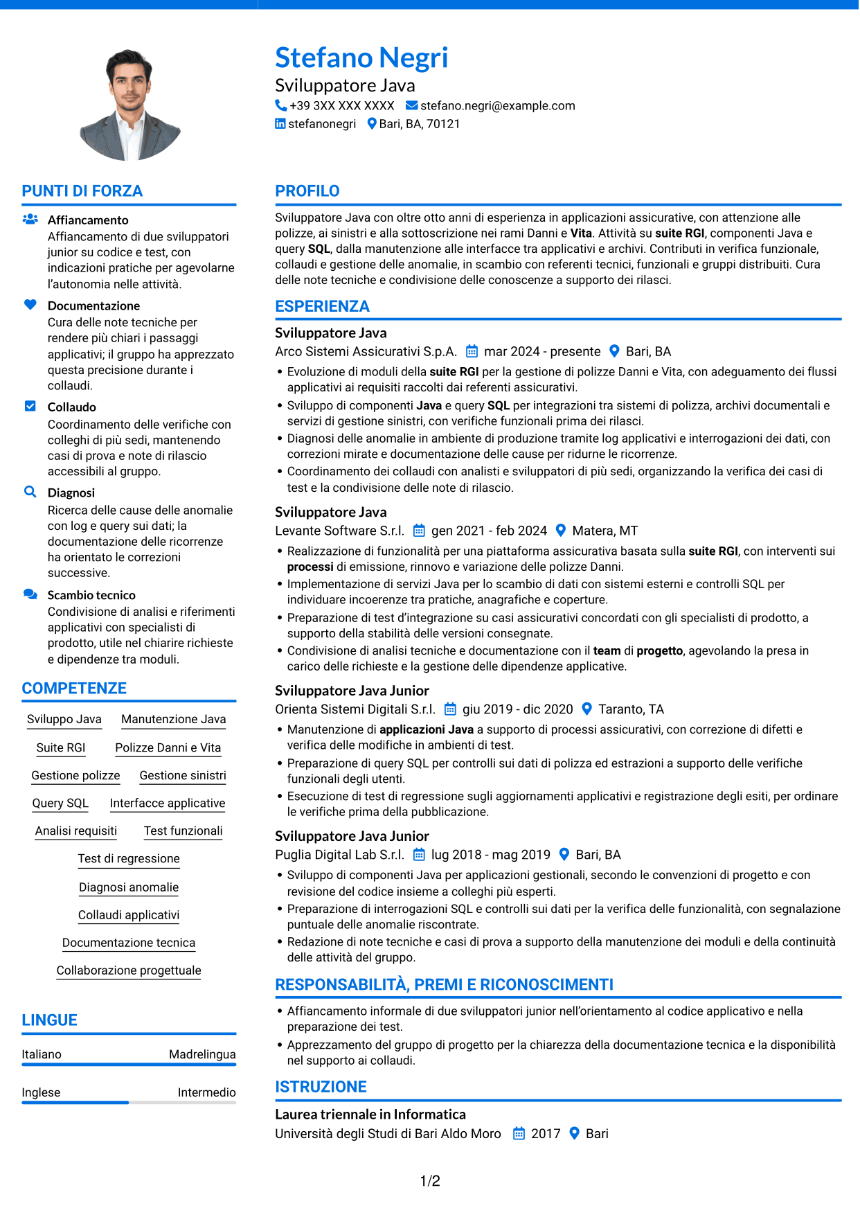 CV Audace (formato a due colonne con accenti colorati e foto): Sviluppatore Java - Applicazioni assicurative, pagina 1