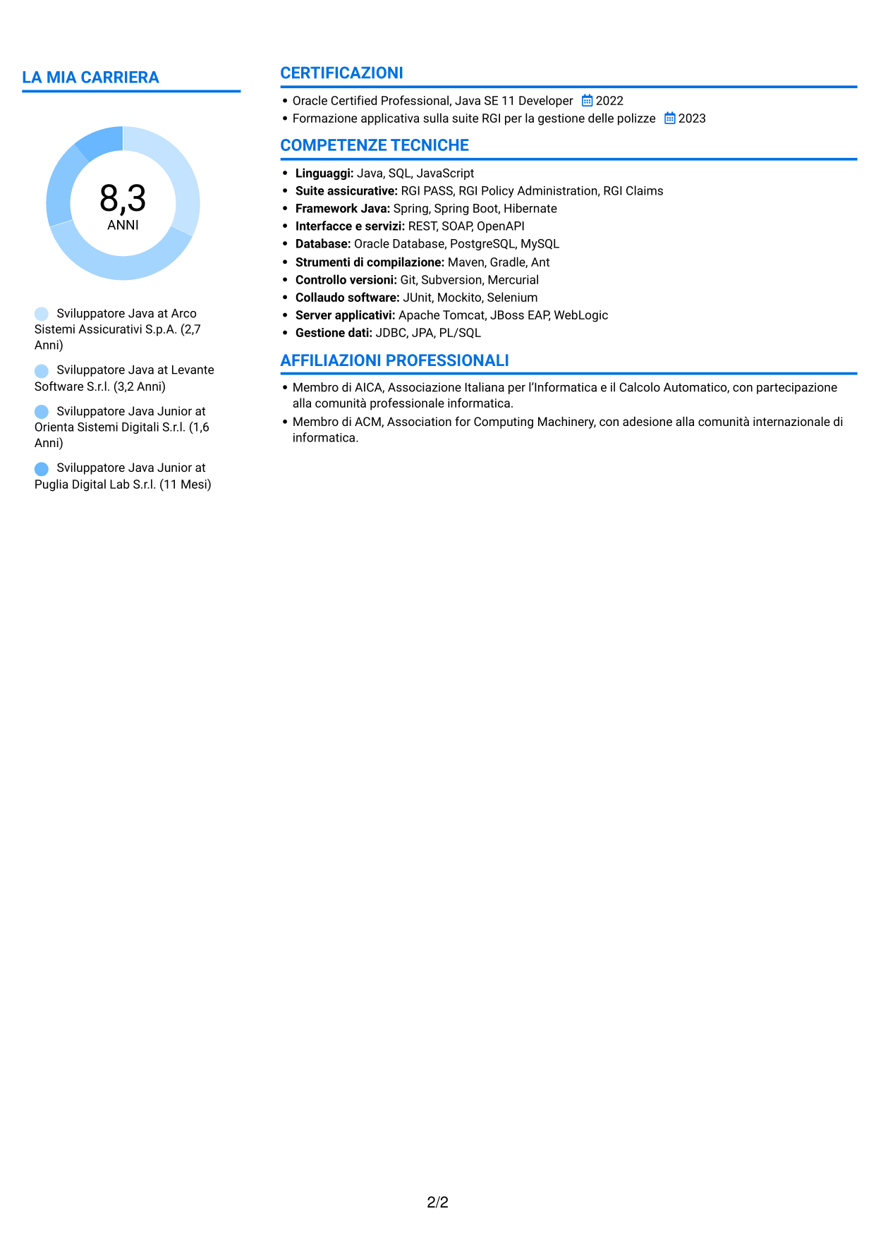 CV Audace (formato a due colonne con accenti colorati e foto): Sviluppatore Java - Applicazioni assicurative, pagina 2