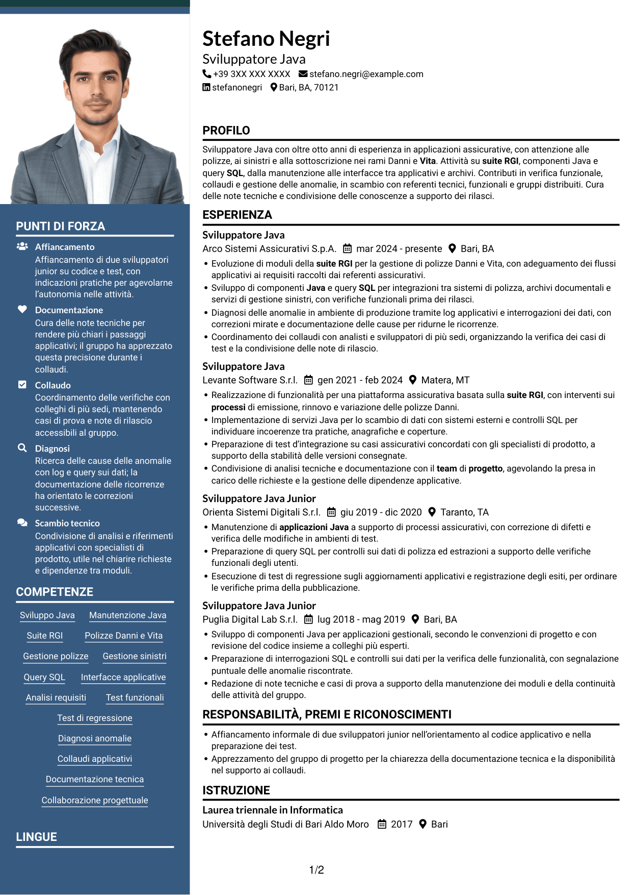 CV Signature (formato con colonna laterale colorata e foto grande): Sviluppatore Java - Applicazioni assicurative, pagina 1