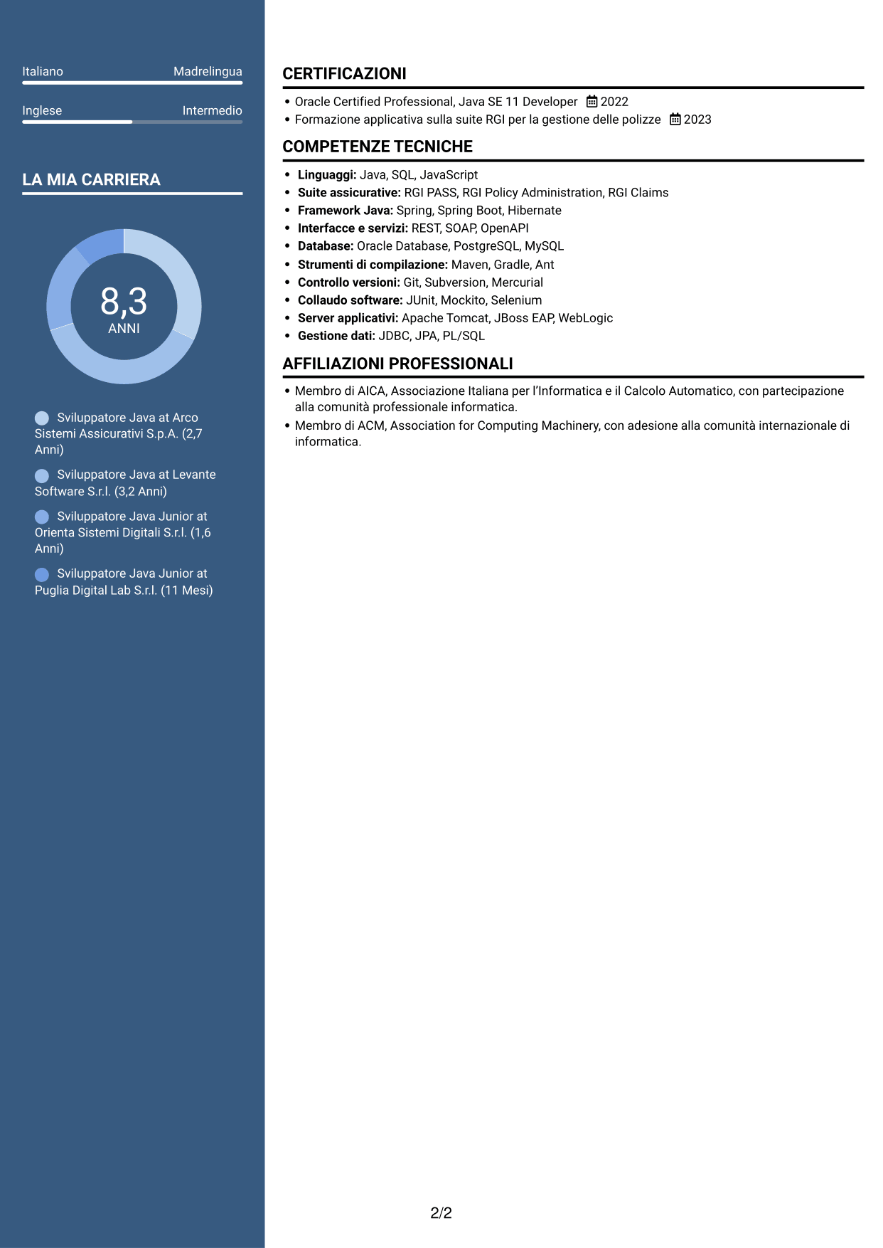 CV Signature (formato con colonna laterale colorata e foto grande): Sviluppatore Java - Applicazioni assicurative, pagina 2