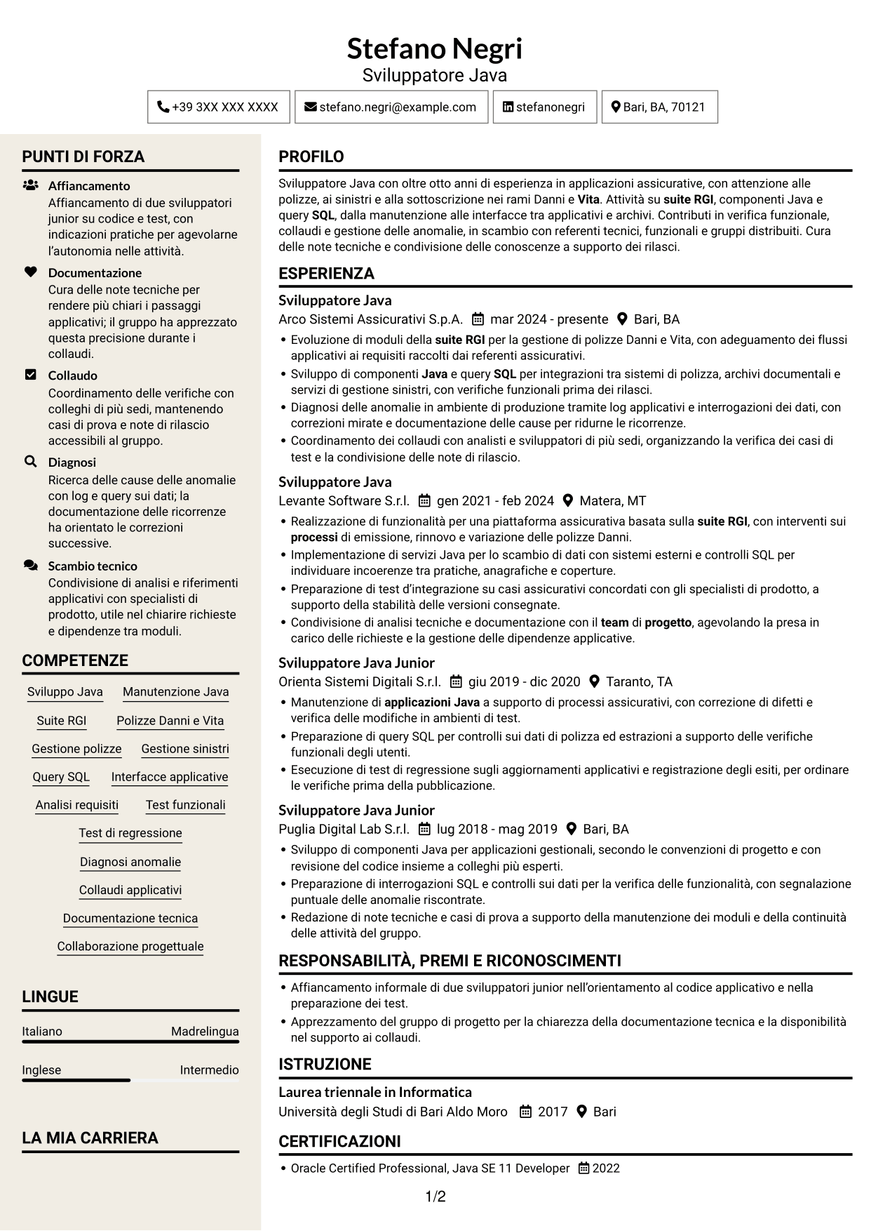 CV Intraprendente (formato a due colonne con intestazione centrata senza foto): Sviluppatore Java - Applicazioni assicurative, pagina 1