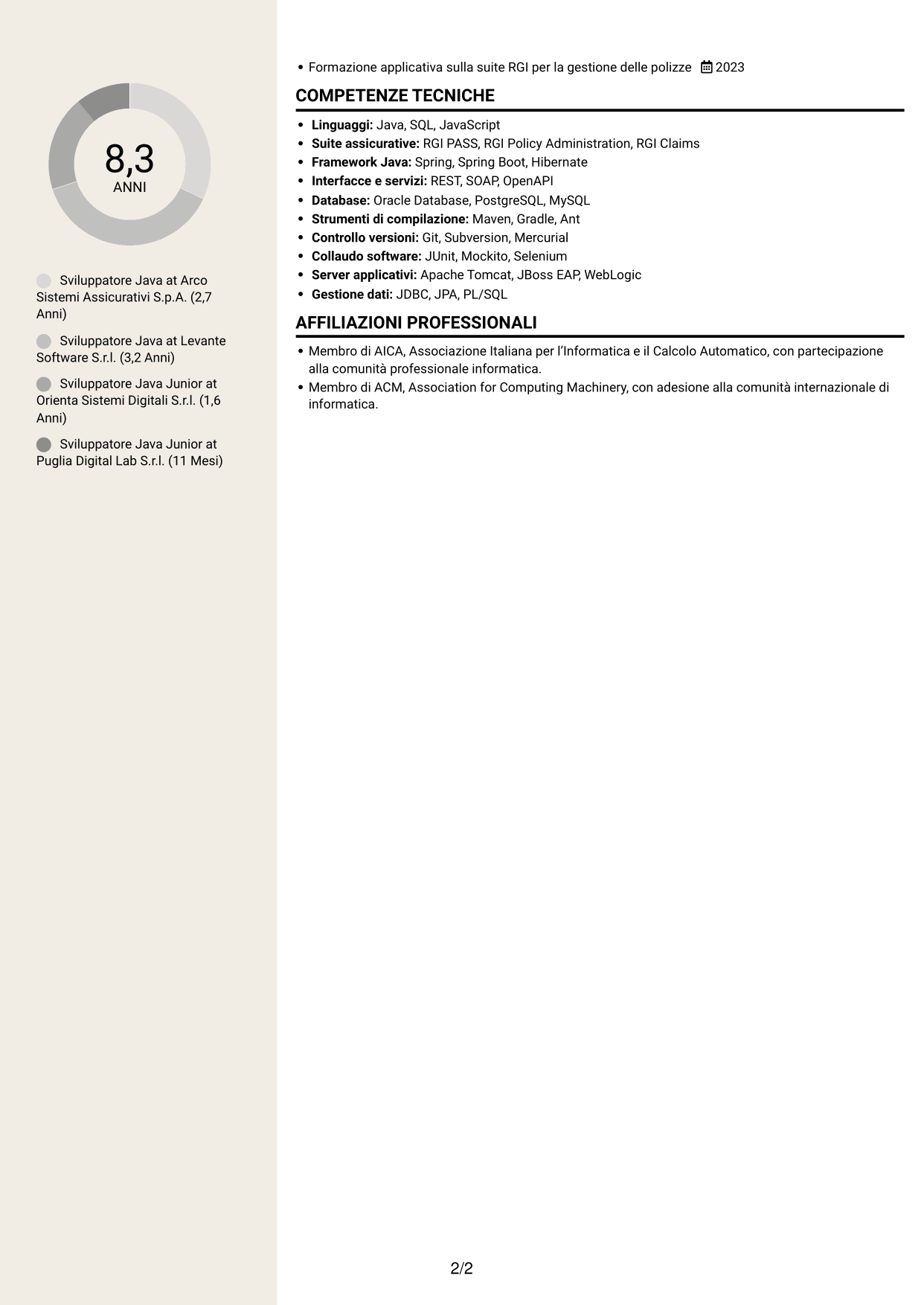 CV Intraprendente (formato a due colonne con intestazione centrata senza foto): Sviluppatore Java - Applicazioni assicurative, pagina 2