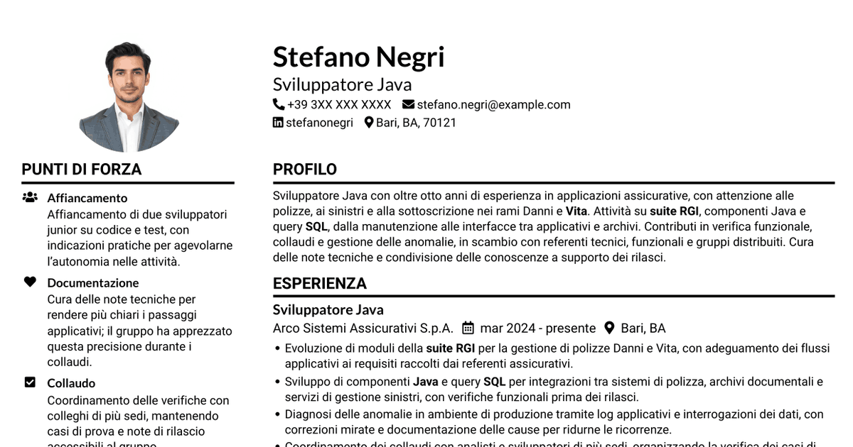 7 modelli di CV per Sviluppatore Java - Applicazioni assicurative, con esempi