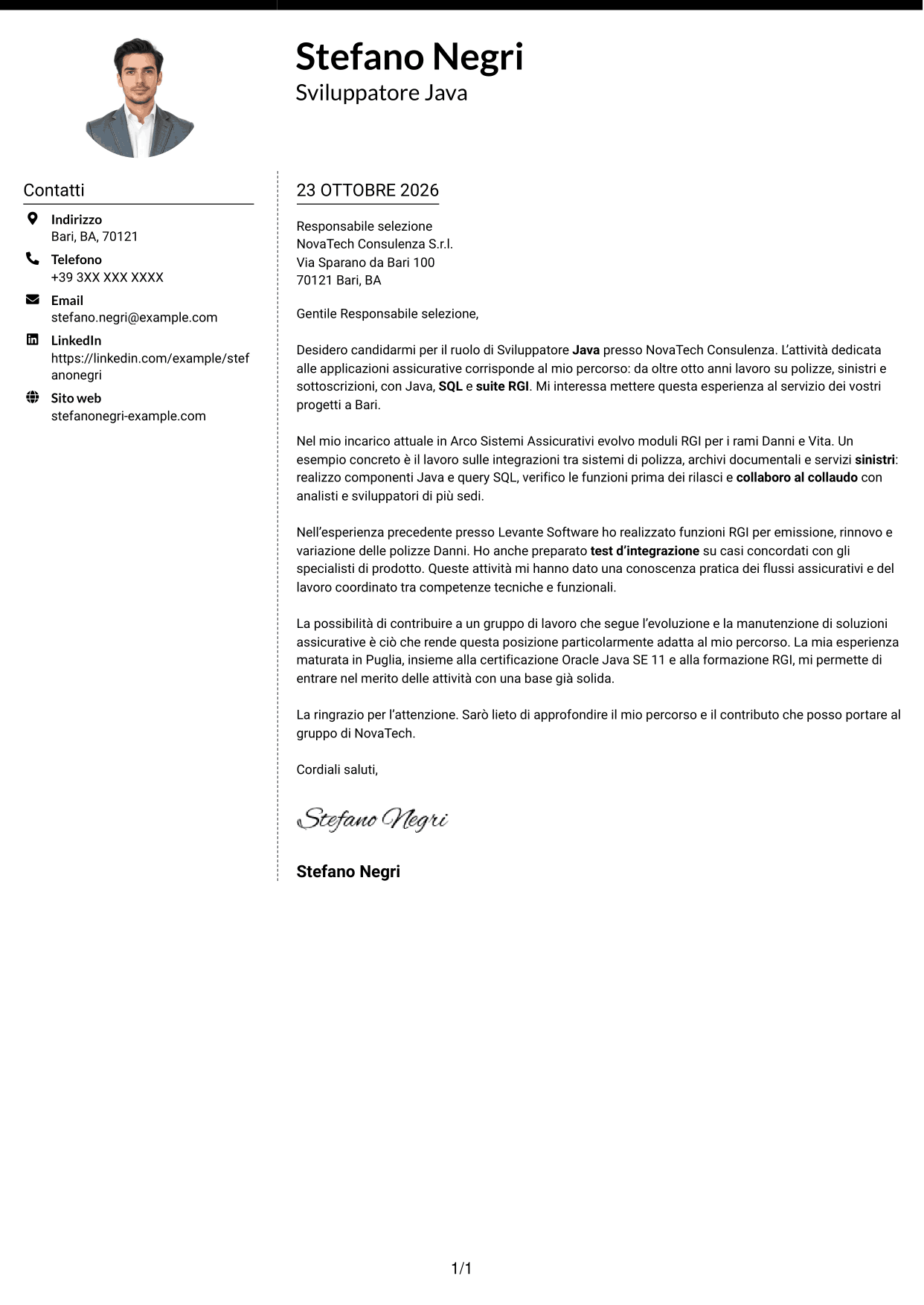 Lettera di presentazione Moderno (formato a due colonne con foto a sinistra e separatore): Sviluppatore Java - Applicazioni assicurative, pagina 1