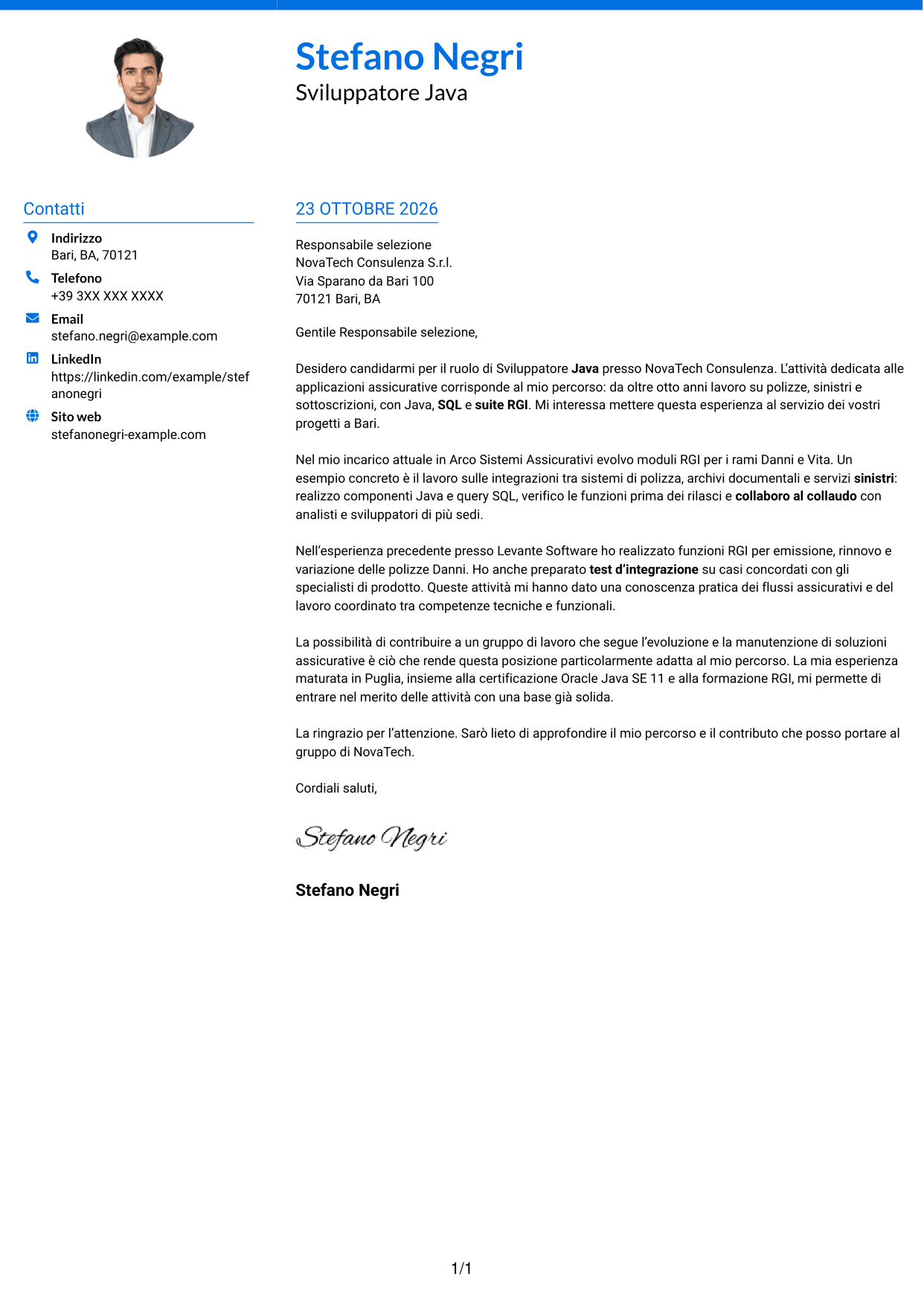 Lettera di presentazione Audace (formato a due colonne con accenti colorati e foto): Sviluppatore Java - Applicazioni assicurative, pagina 1