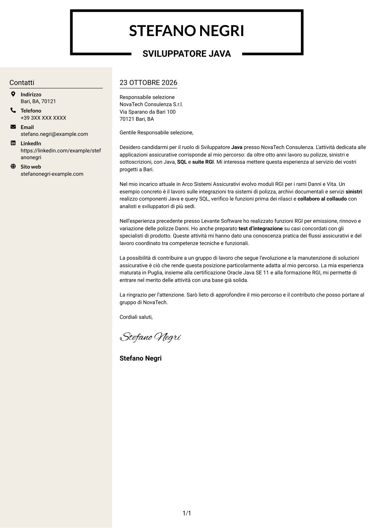 Lettera di presentazione Intraprendente (formato a due colonne con intestazione centrata senza foto): Sviluppatore Java - Applicazioni assicurative, pagina 1