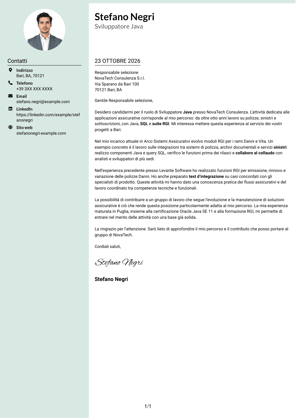 Lettera di presentazione Dirigente (formato con colonna laterale tenue e foto arrotondata): Sviluppatore Java - Applicazioni assicurative, pagina 1