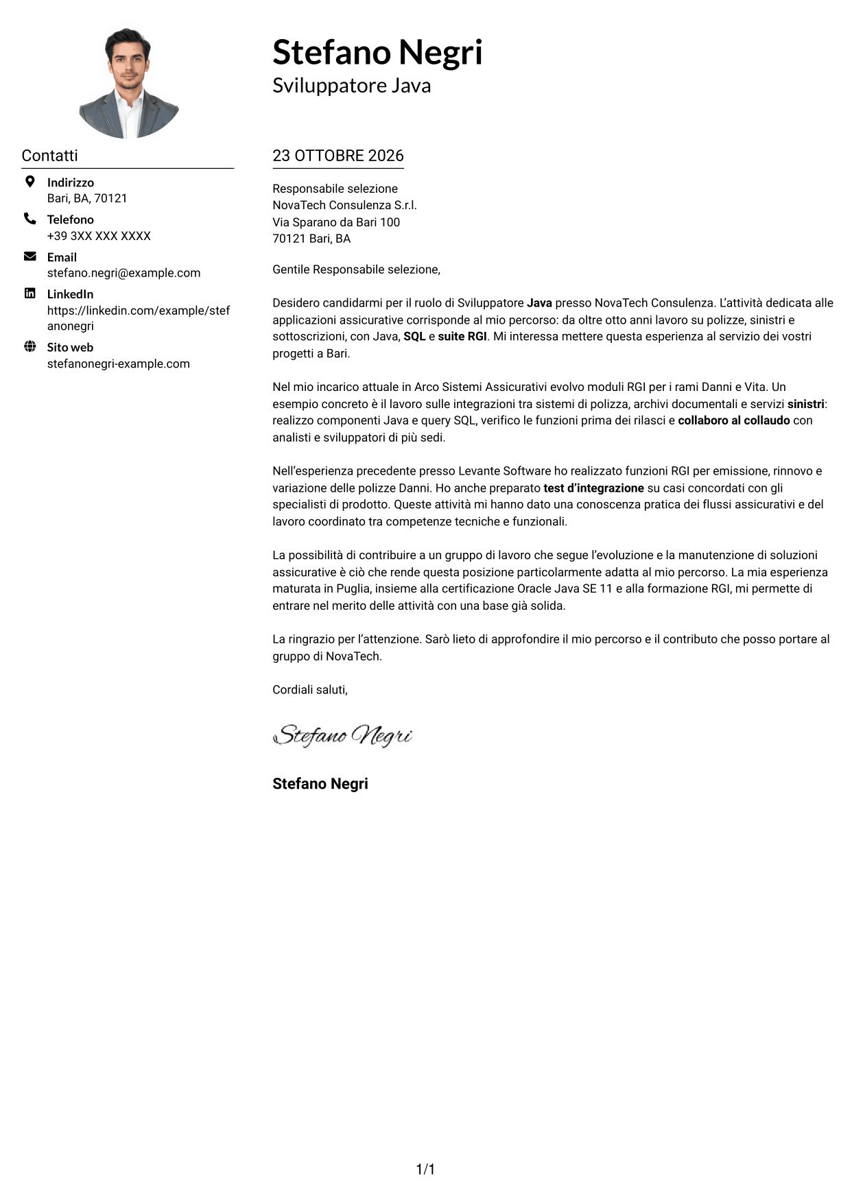 Esempio di lettera di presentazione — pagina 1