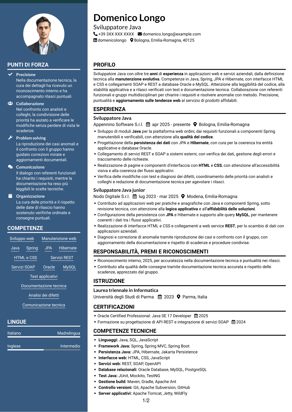 CV Elegante (formato con colonna laterale colorata e foto): Sviluppatore Java - Applicazioni web, pagina 1