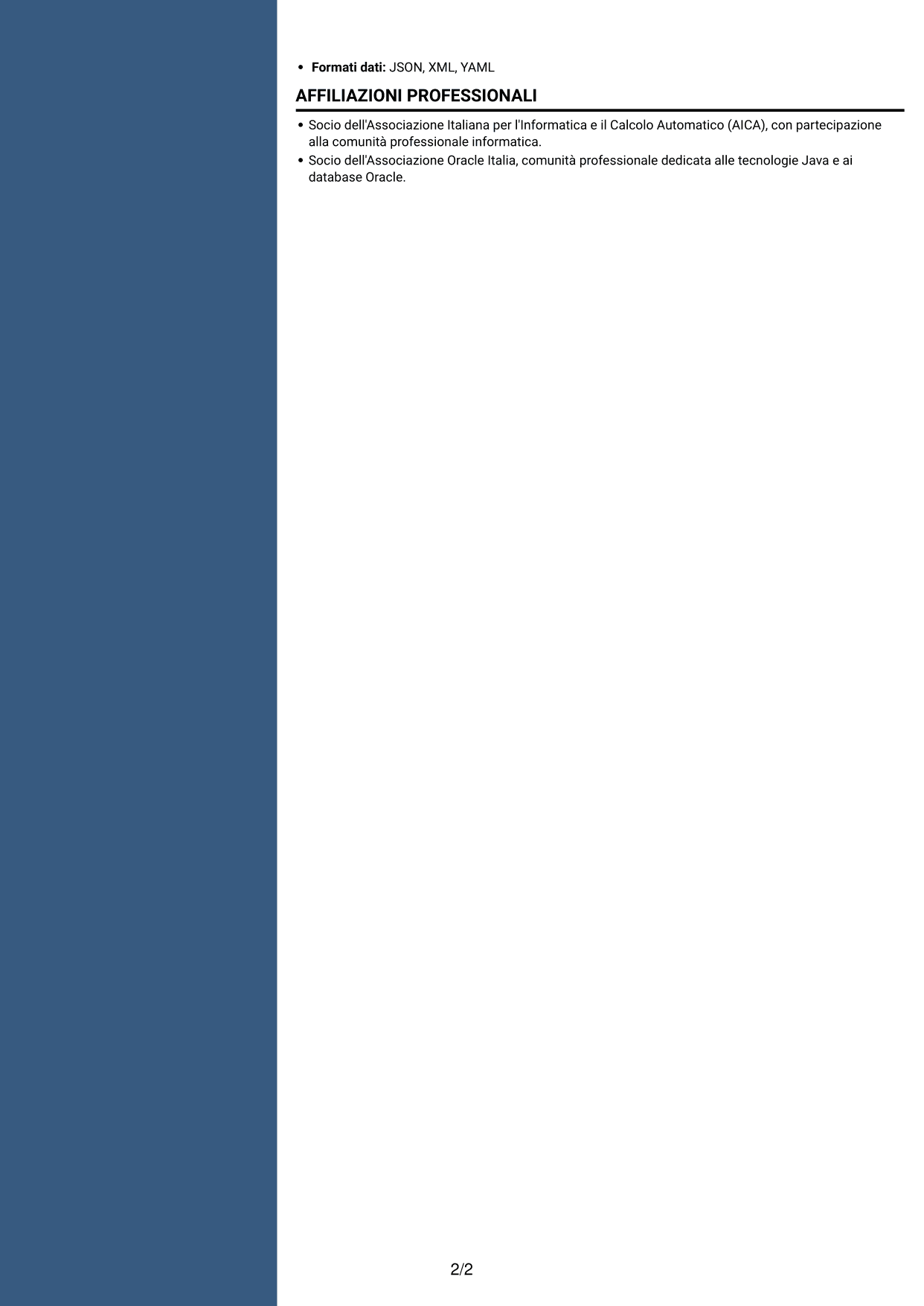 CV Elegante (formato con colonna laterale colorata e foto): Sviluppatore Java - Applicazioni web, pagina 2