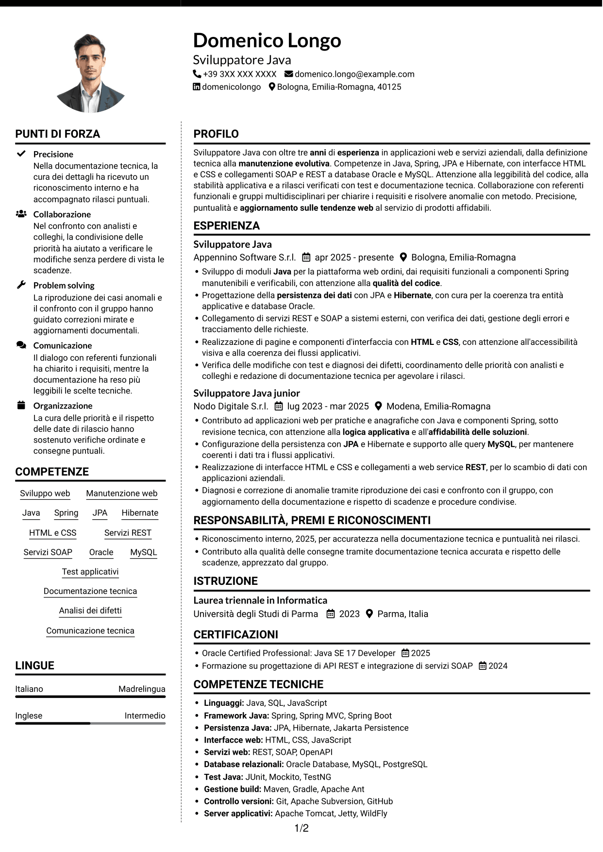 CV Moderno (formato a due colonne con foto a sinistra e separatore): Sviluppatore Java - Applicazioni web, pagina 1