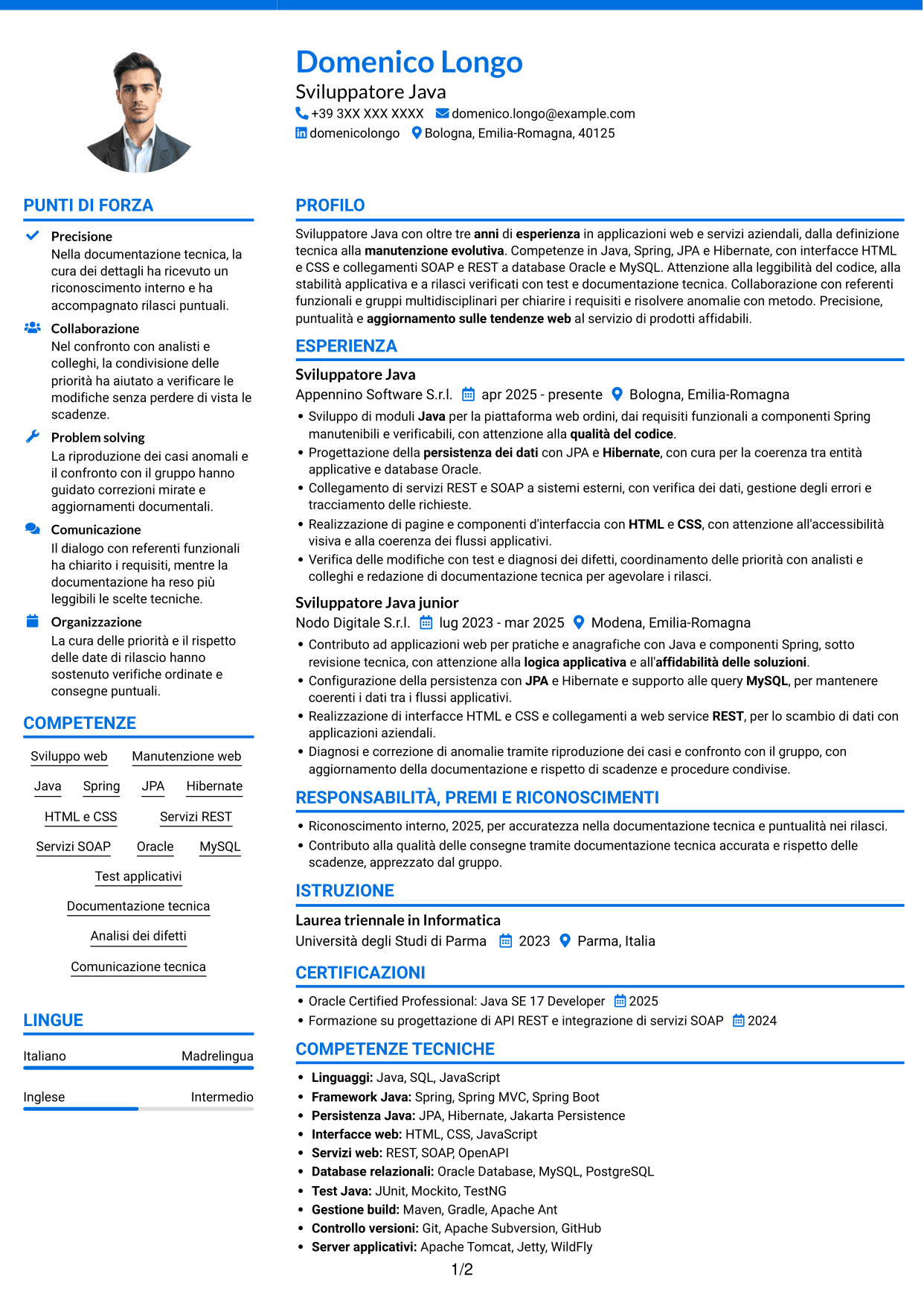 CV Audace (formato a due colonne con accenti colorati e foto): Sviluppatore Java - Applicazioni web, pagina 1
