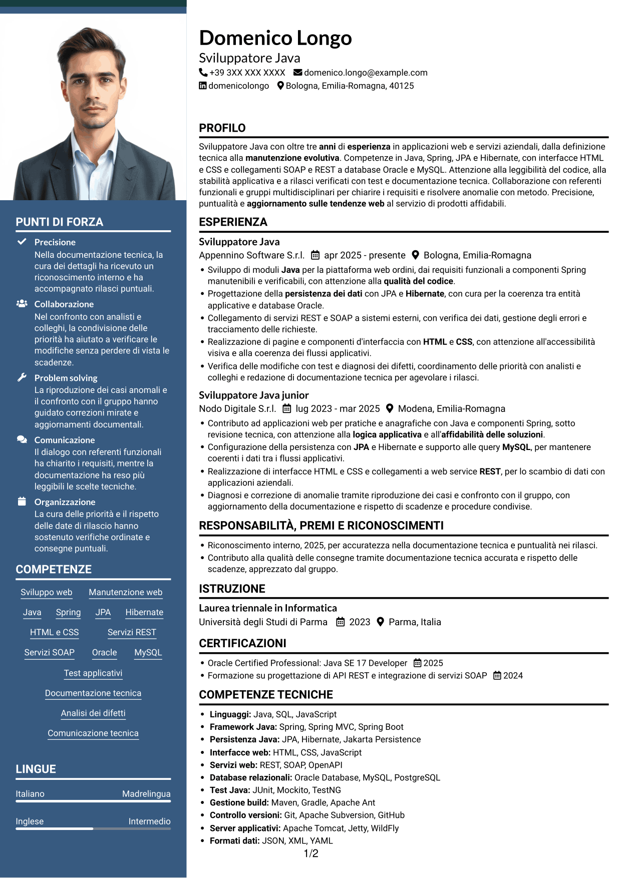 CV Signature (formato con colonna laterale colorata e foto grande): Sviluppatore Java - Applicazioni web, pagina 1