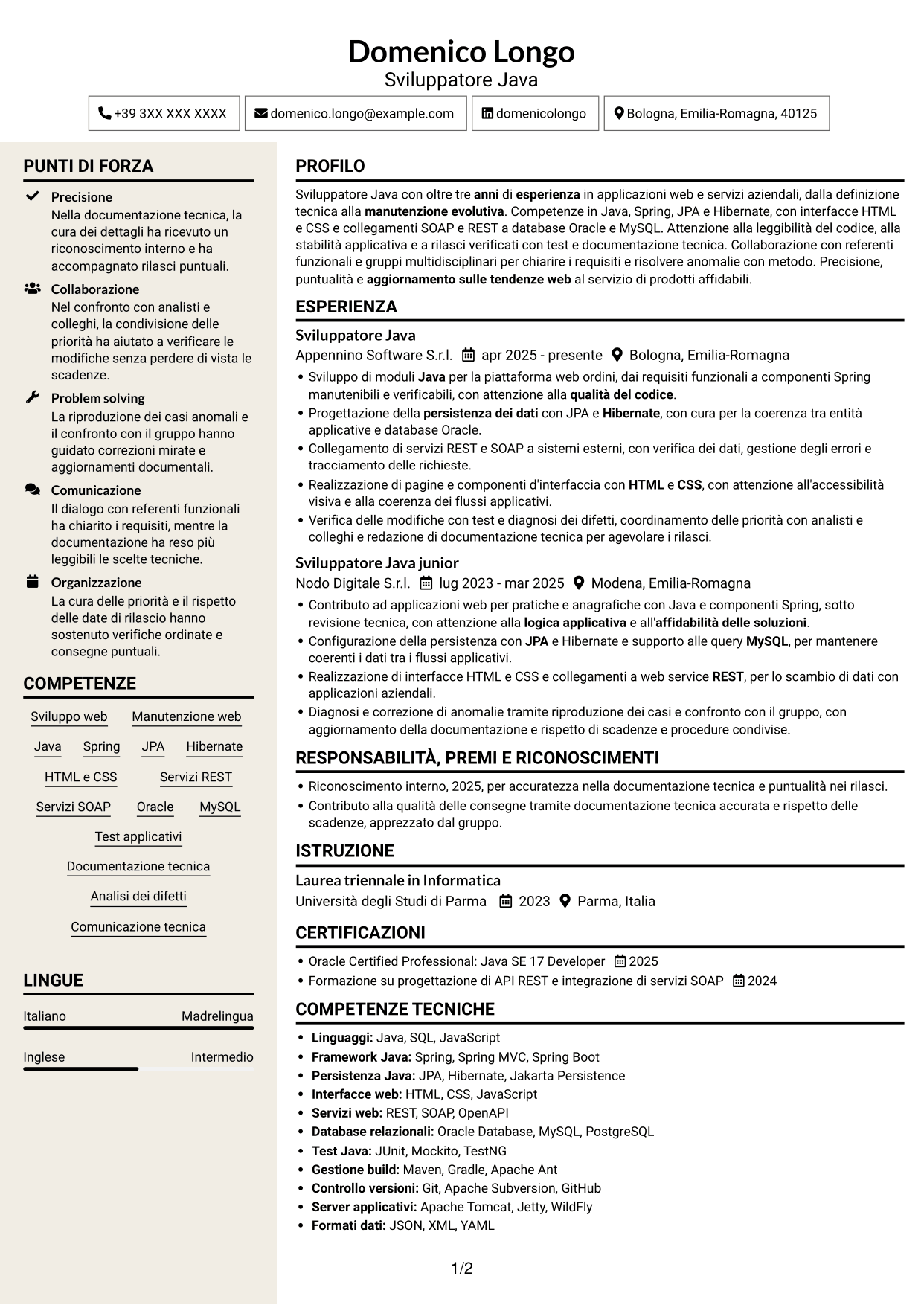 CV Intraprendente (formato a due colonne con intestazione centrata senza foto): Sviluppatore Java - Applicazioni web, pagina 1
