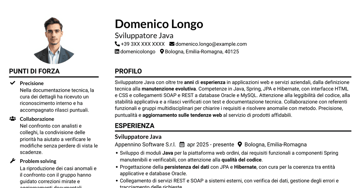 7 modelli di CV per Sviluppatore Java - Applicazioni web, con esempi