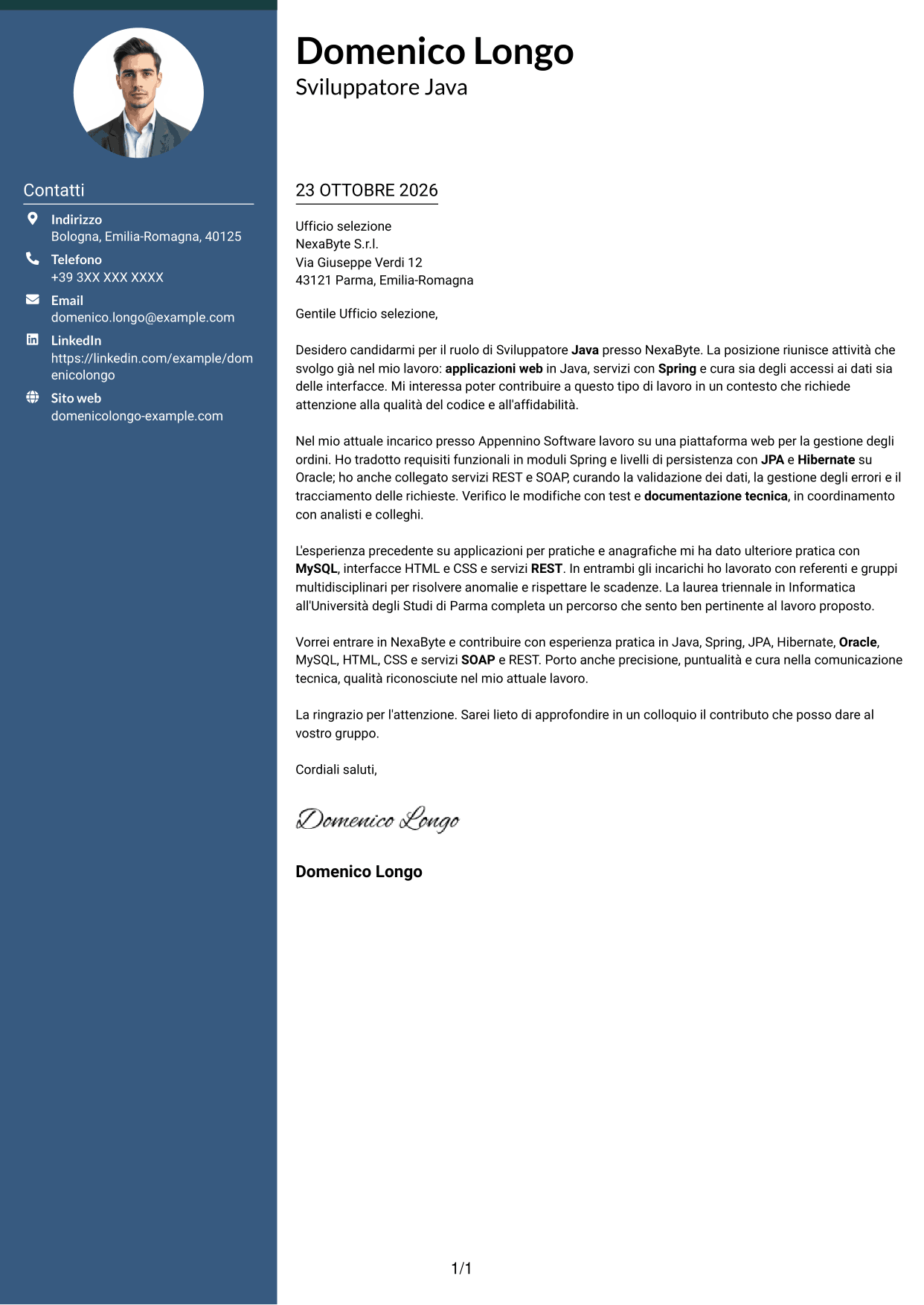 Lettera di presentazione Elegante (formato con colonna laterale colorata e foto): Sviluppatore Java - Applicazioni web, pagina 1