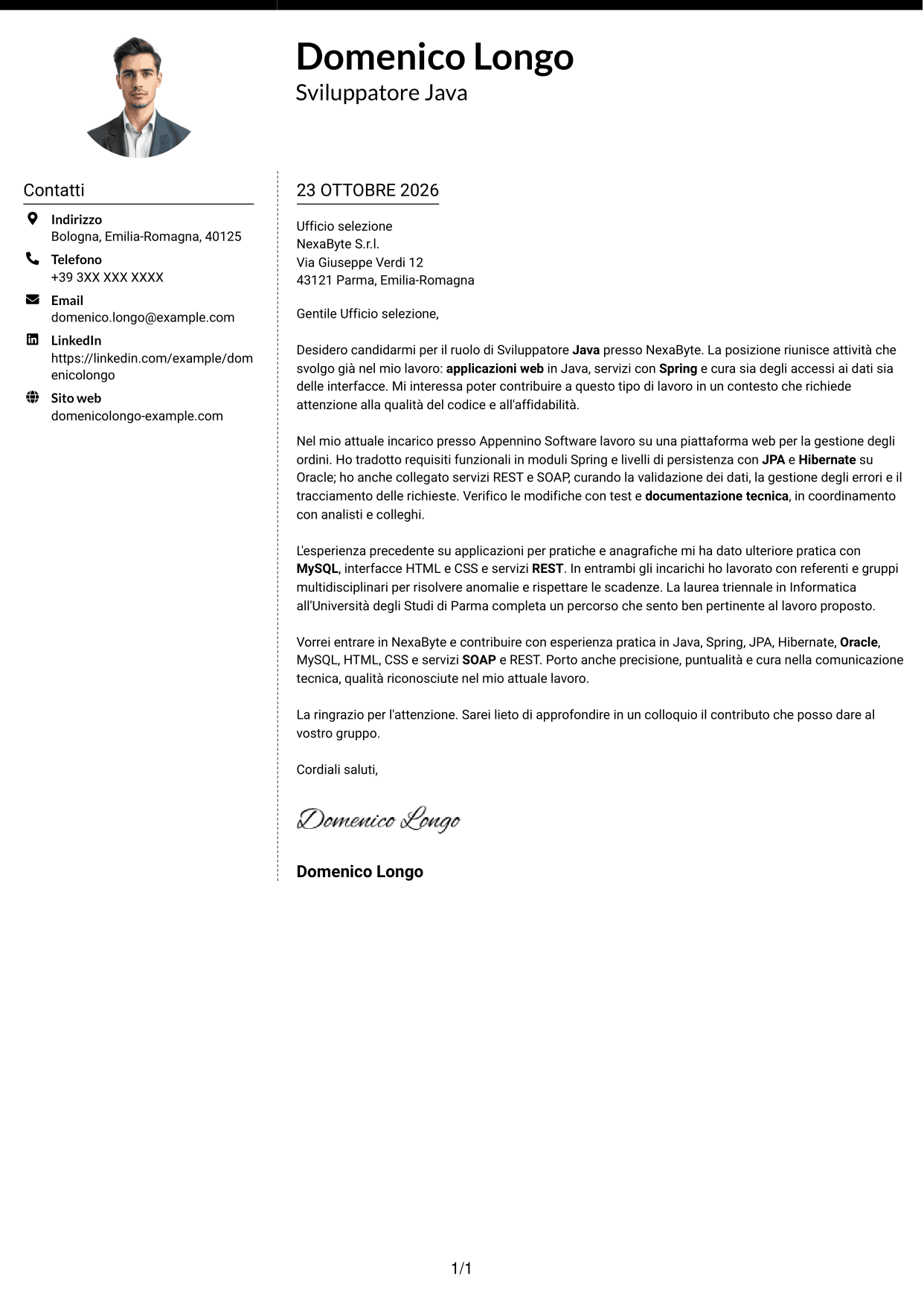 Lettera di presentazione Moderno (formato a due colonne con foto a sinistra e separatore): Sviluppatore Java - Applicazioni web, pagina 1