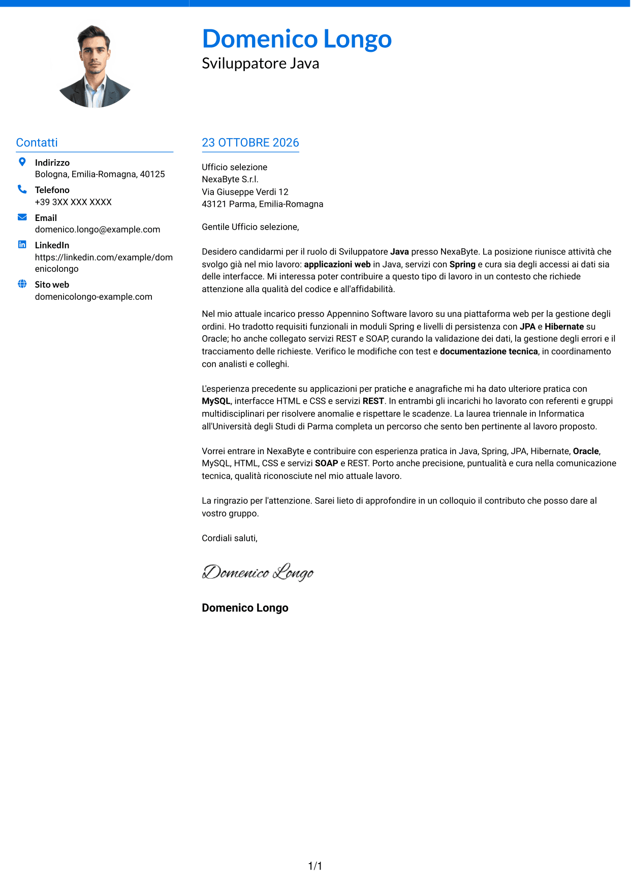 Lettera di presentazione Audace (formato a due colonne con accenti colorati e foto): Sviluppatore Java - Applicazioni web, pagina 1