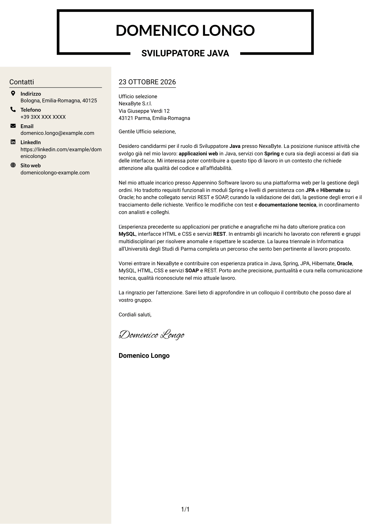 Lettera di presentazione Intraprendente (formato a due colonne con intestazione centrata senza foto): Sviluppatore Java - Applicazioni web, pagina 1