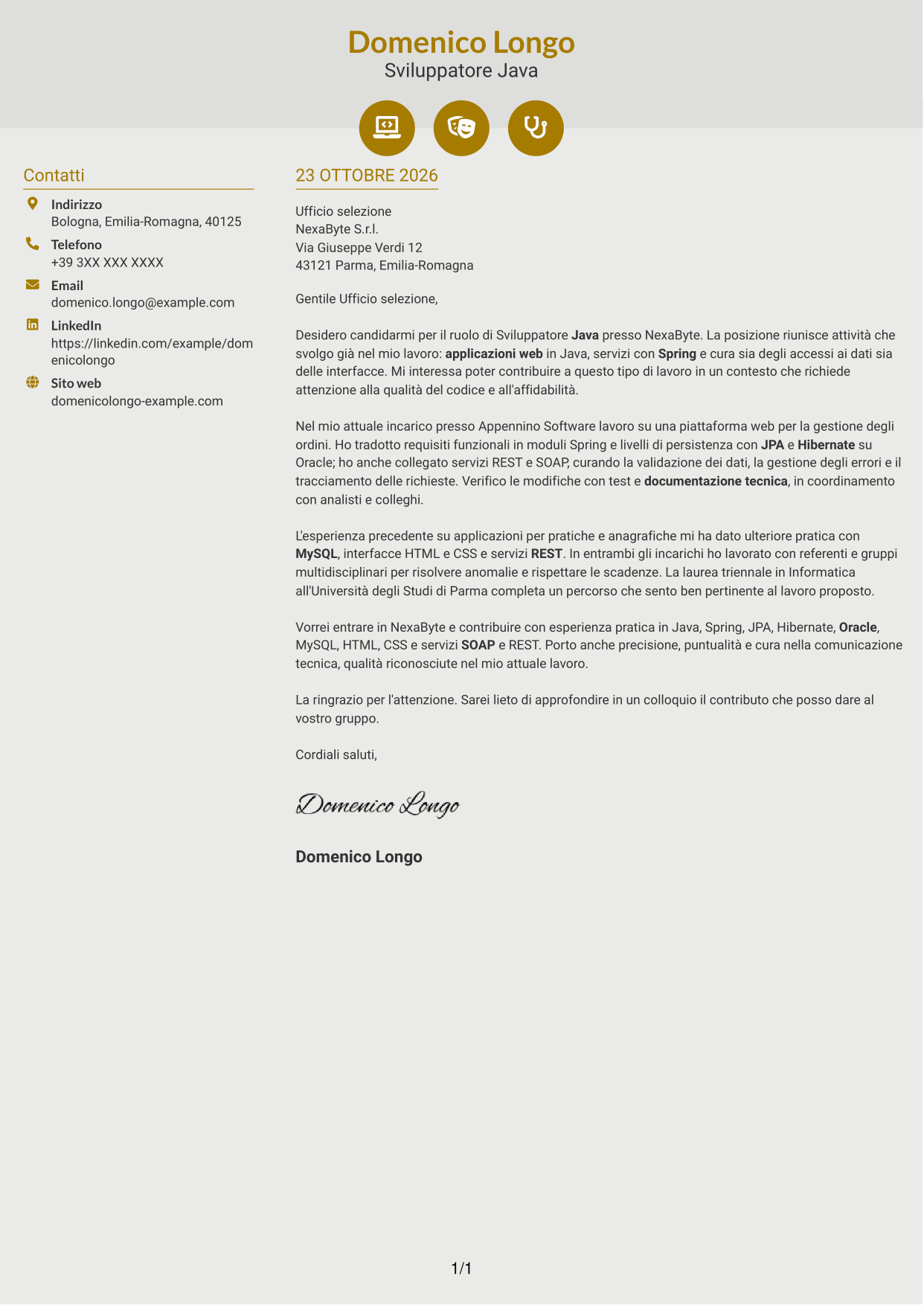 Lettera di presentazione Dinamico (formato a due colonne con icone): Sviluppatore Java - Applicazioni web, pagina 1