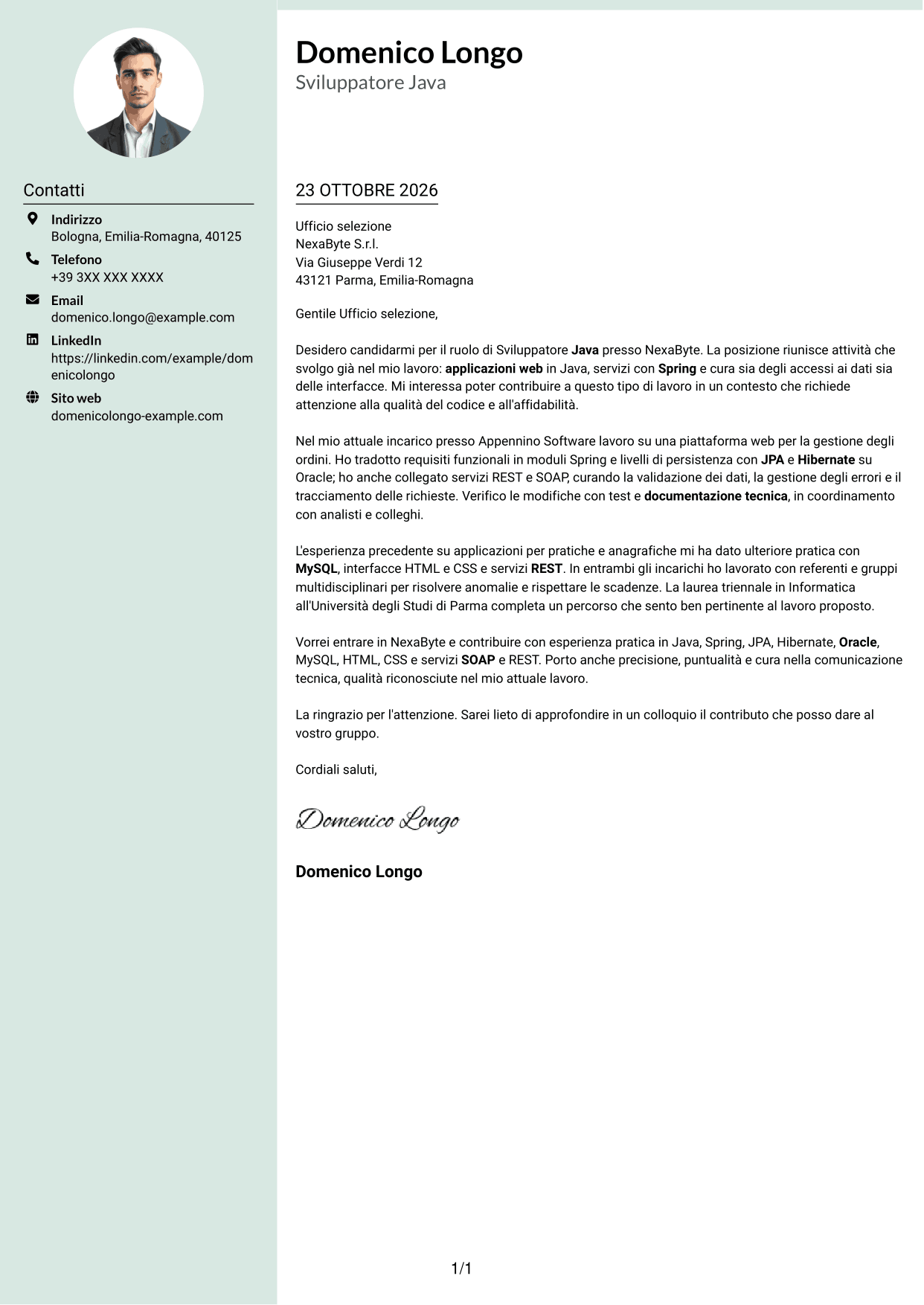 Lettera di presentazione Dirigente (formato con colonna laterale tenue e foto arrotondata): Sviluppatore Java - Applicazioni web, pagina 1