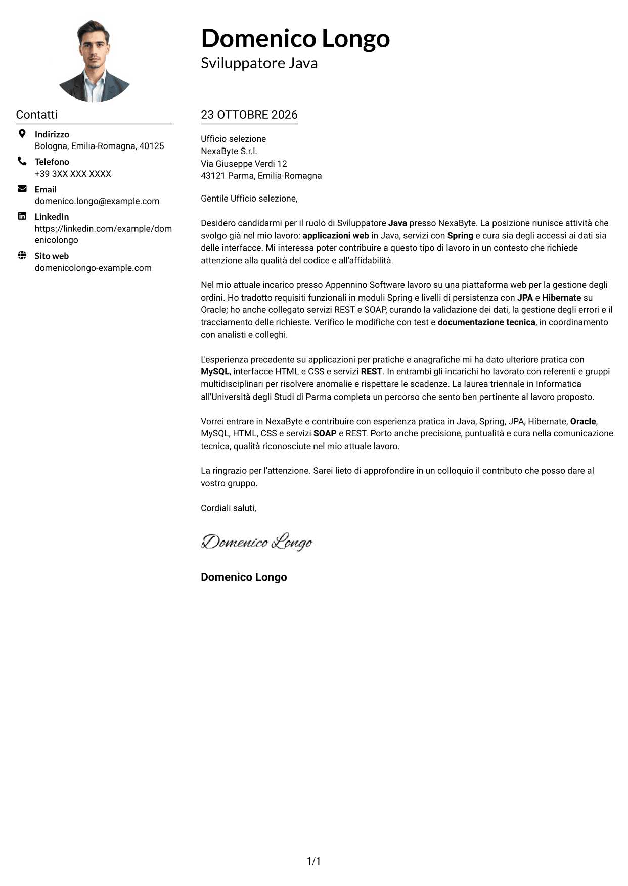 Esempio di lettera di presentazione — pagina 1