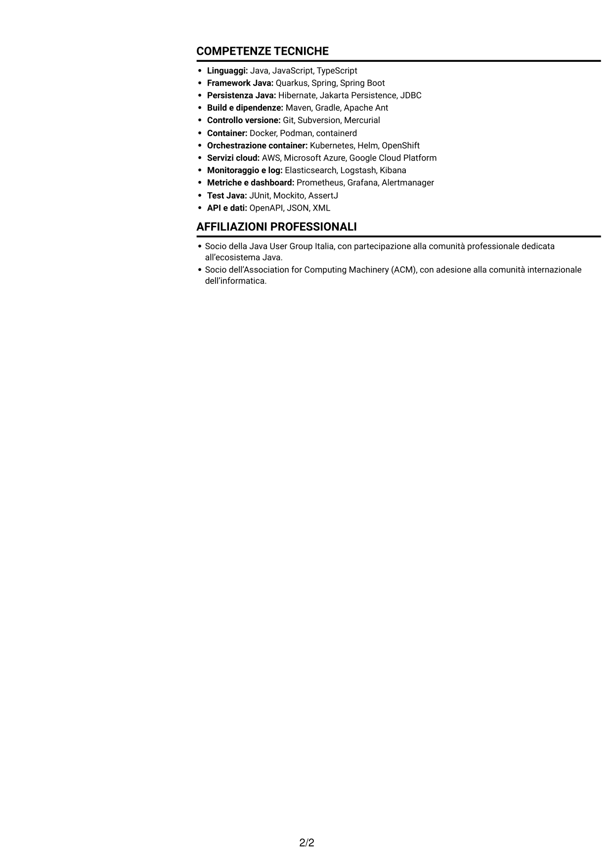 CV Compatto (formato sobrio a due colonne con foto): Sviluppatore Java - Quarkus, pagina 2