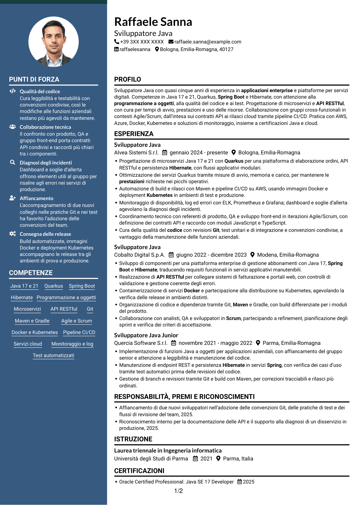 CV Elegante (formato con colonna laterale colorata e foto): Sviluppatore Java - Quarkus, pagina 1
