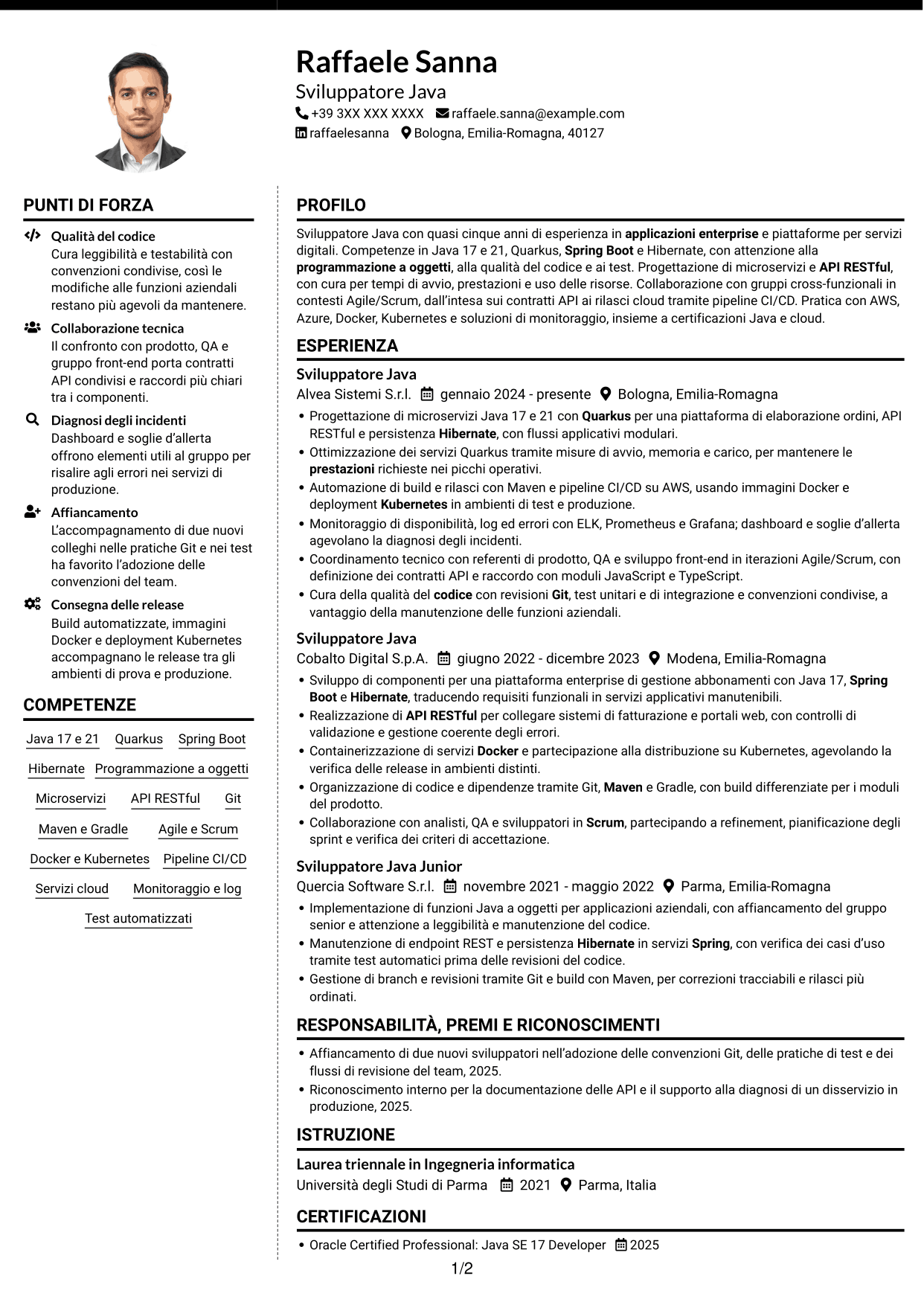 CV Moderno (formato a due colonne con foto a sinistra e separatore): Sviluppatore Java - Quarkus, pagina 1