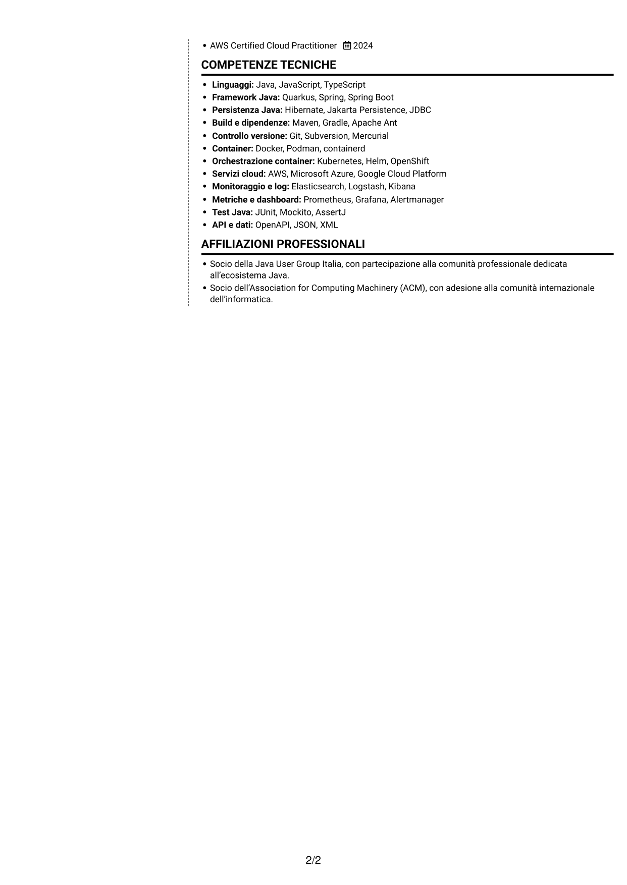 CV Moderno (formato a due colonne con foto a sinistra e separatore): Sviluppatore Java - Quarkus, pagina 2