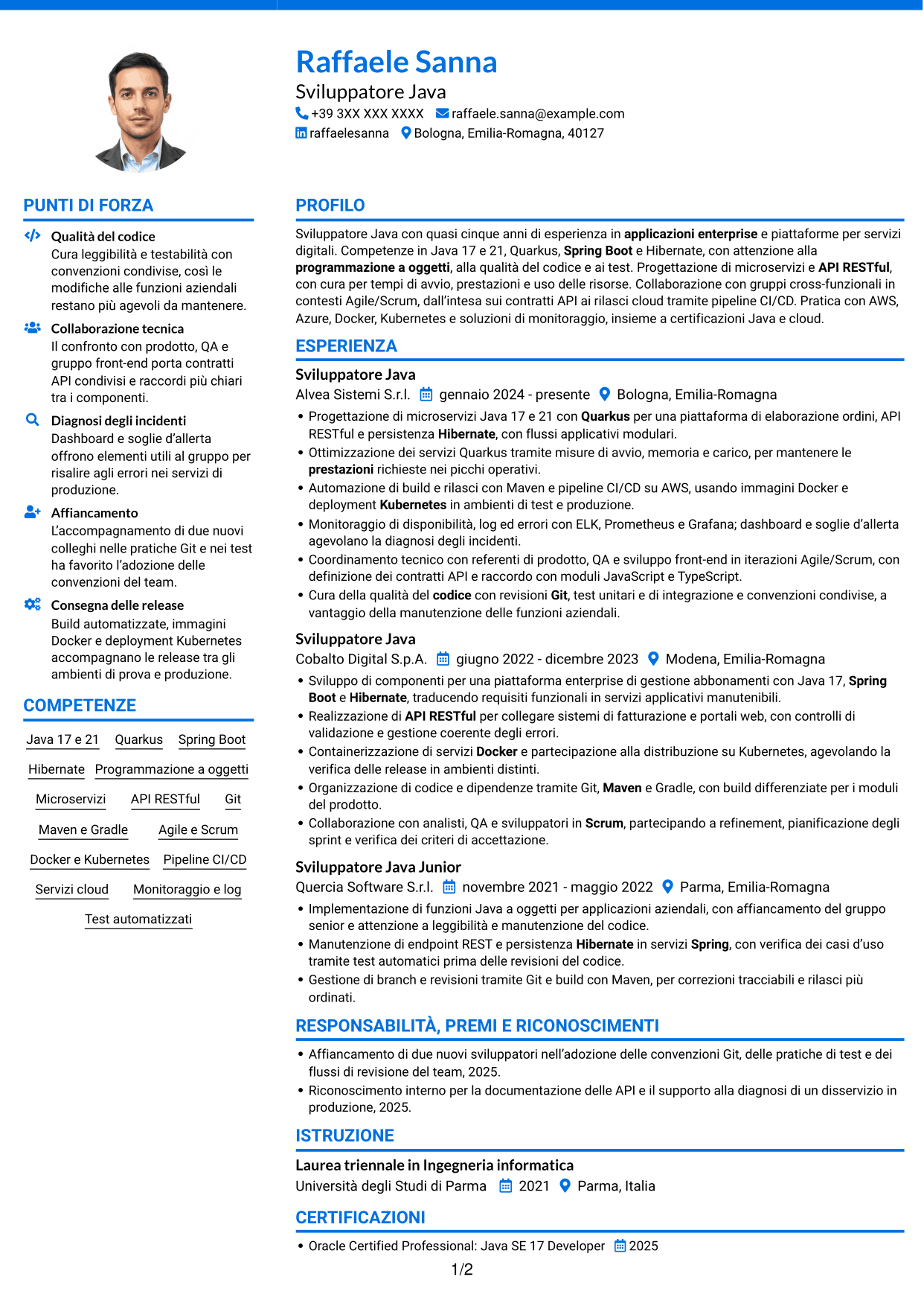CV Audace (formato a due colonne con accenti colorati e foto): Sviluppatore Java - Quarkus, pagina 1
