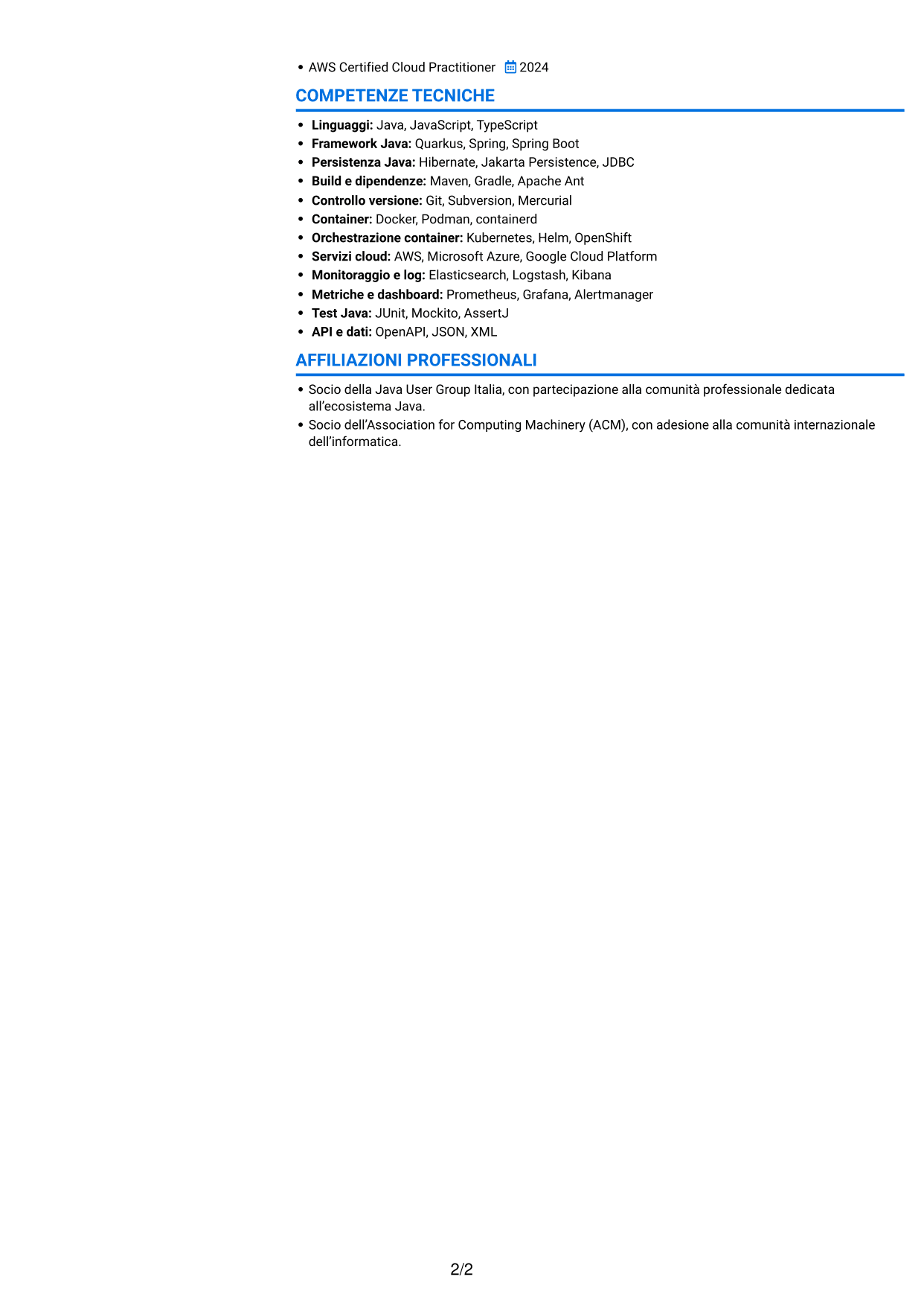 CV Audace (formato a due colonne con accenti colorati e foto): Sviluppatore Java - Quarkus, pagina 2