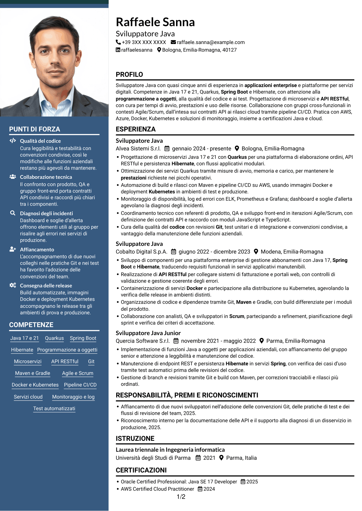 CV Signature (formato con colonna laterale colorata e foto grande): Sviluppatore Java - Quarkus, pagina 1
